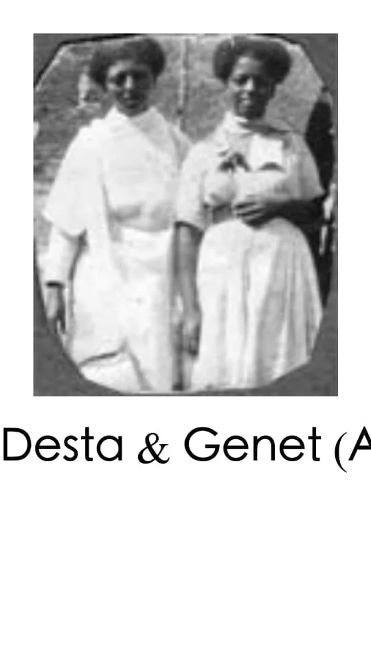 Black and white photograph of two women standing outdoors, wearing dresses, with a background of trees or foliage, and partially obscured text reading "Desta & Genet".