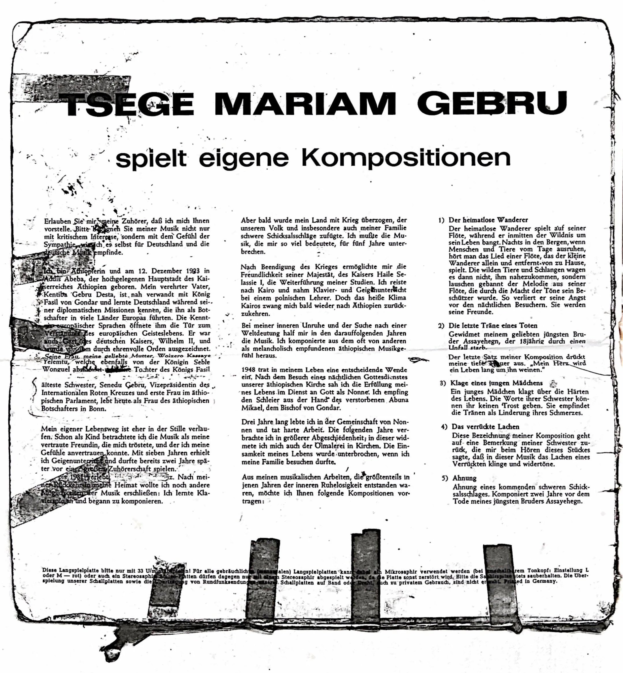 A black-and-white manuscript-style document with German text and notes. The document has a rough border, some smudges, and musical symbols at the bottom, resembling a vintage or artistic design.