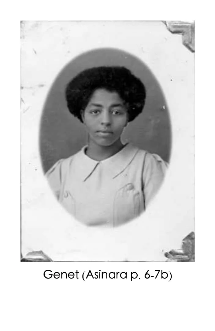 Vintage black-and-white portrait of a young woman with natural hair, looking directly at the camera, framed within an oval border with torn edges, with text below reading "Genet (Asinara p. 6-7b)."