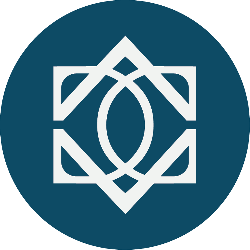 Designed Counsel brandmark logo. Wendy Estela. A circular logo with a geometric white design on a dark blue background, featuring interconnected lines and shapes forming an abstract emblem.