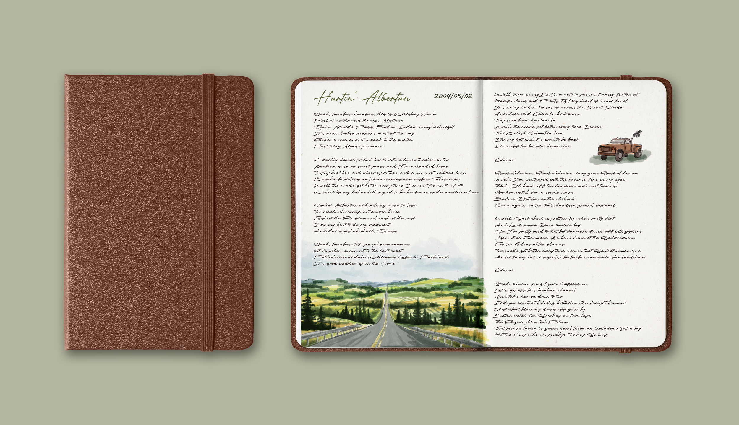 Open notebook with handwritten poetry and a watercolor landscape illustration at the bottom, placed on a light green background. Closed notebook with brown textured cover is beside it.