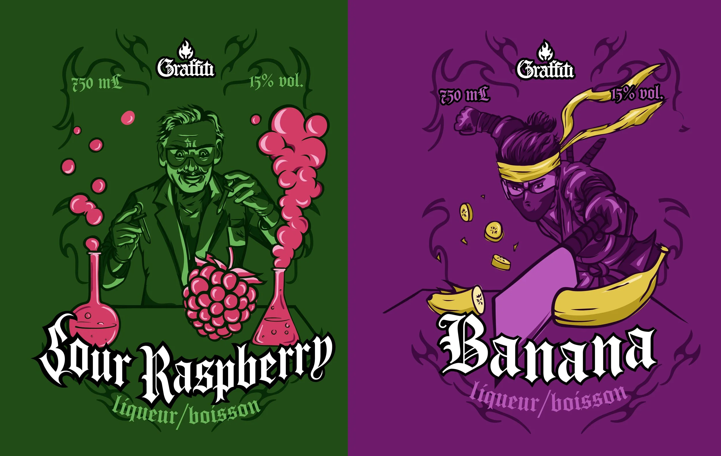 Illustration of two alcohol labels, left for 'Your Raspberry' featuring a man with glasses, holding a test tube and a bunch of raspberries, background green; right for 'Banana' with a ninja figure, bananas, and coins, background purple.