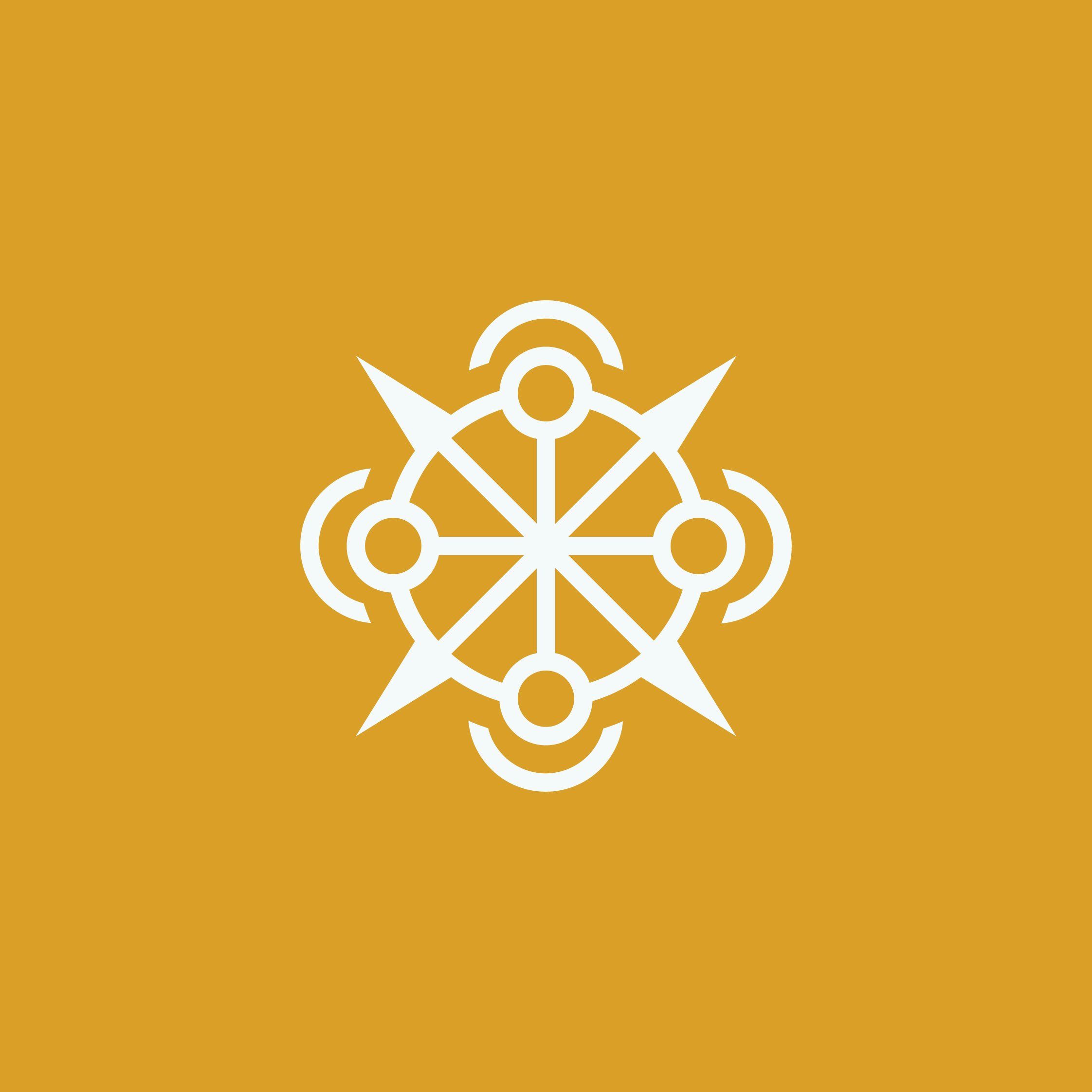 A white geometric symbol resembling a compass or mandala on a mustard yellow background.