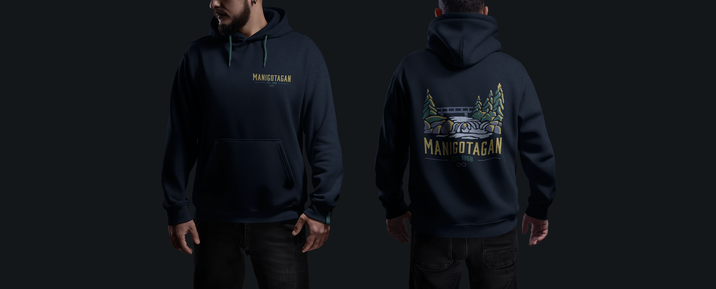 Two men wearing navy blue hoodies with 'MANIGOTAGAN' text; front and back views showing a mountain landscape and forest design.