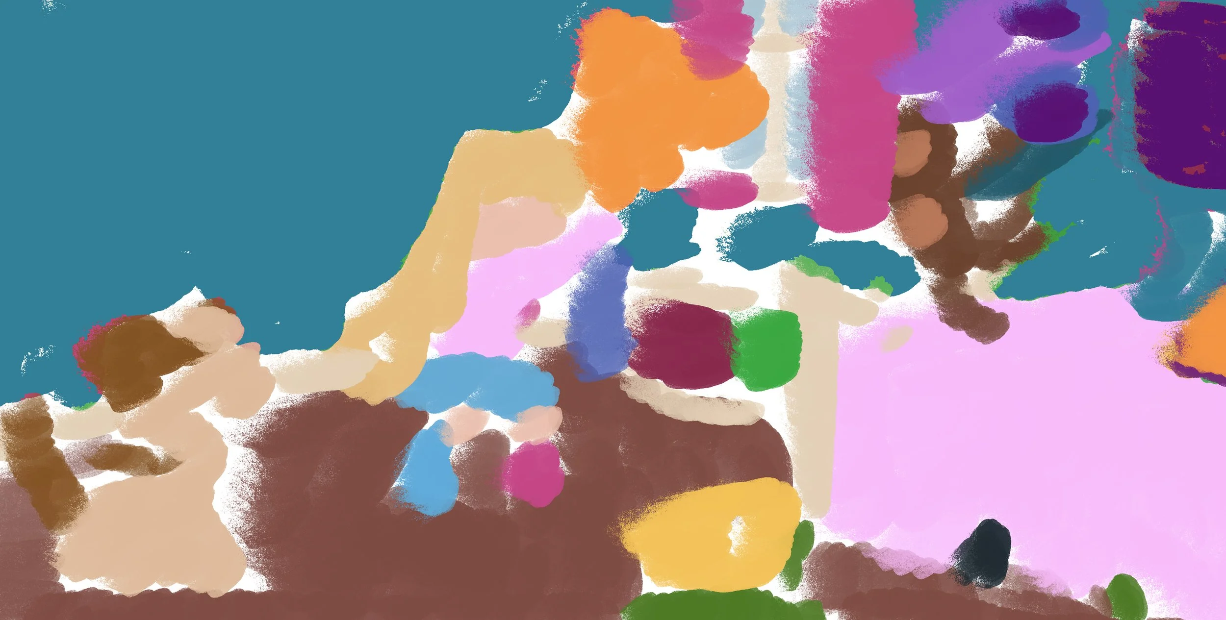 Abstract colorful digital painting with various blobs of color, including blue, pink, purple, green, orange, yellow, and brown, with a textured appearance.