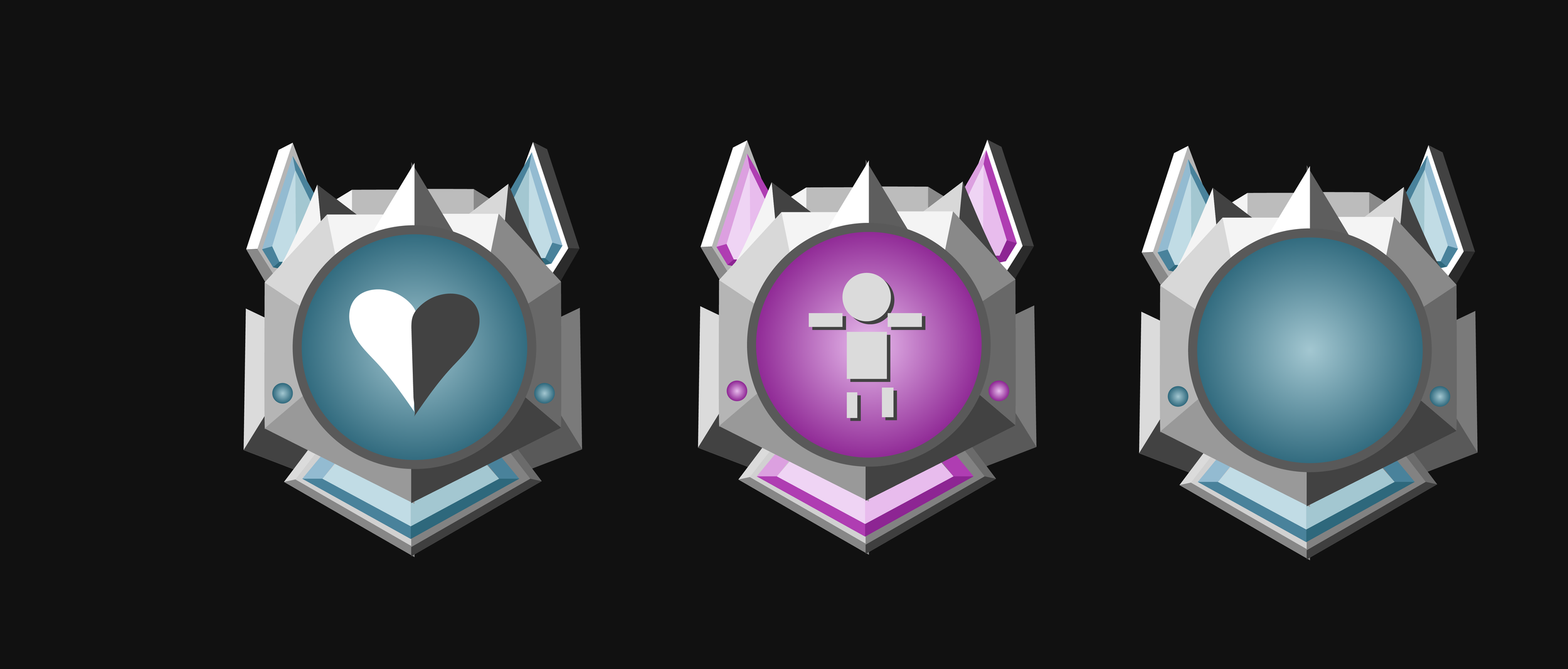 Three digital badges with geometric designs on a black background. The left badge features a blue and white heart, the middle badge shows a stylized person in purple, and the right badge is blank.