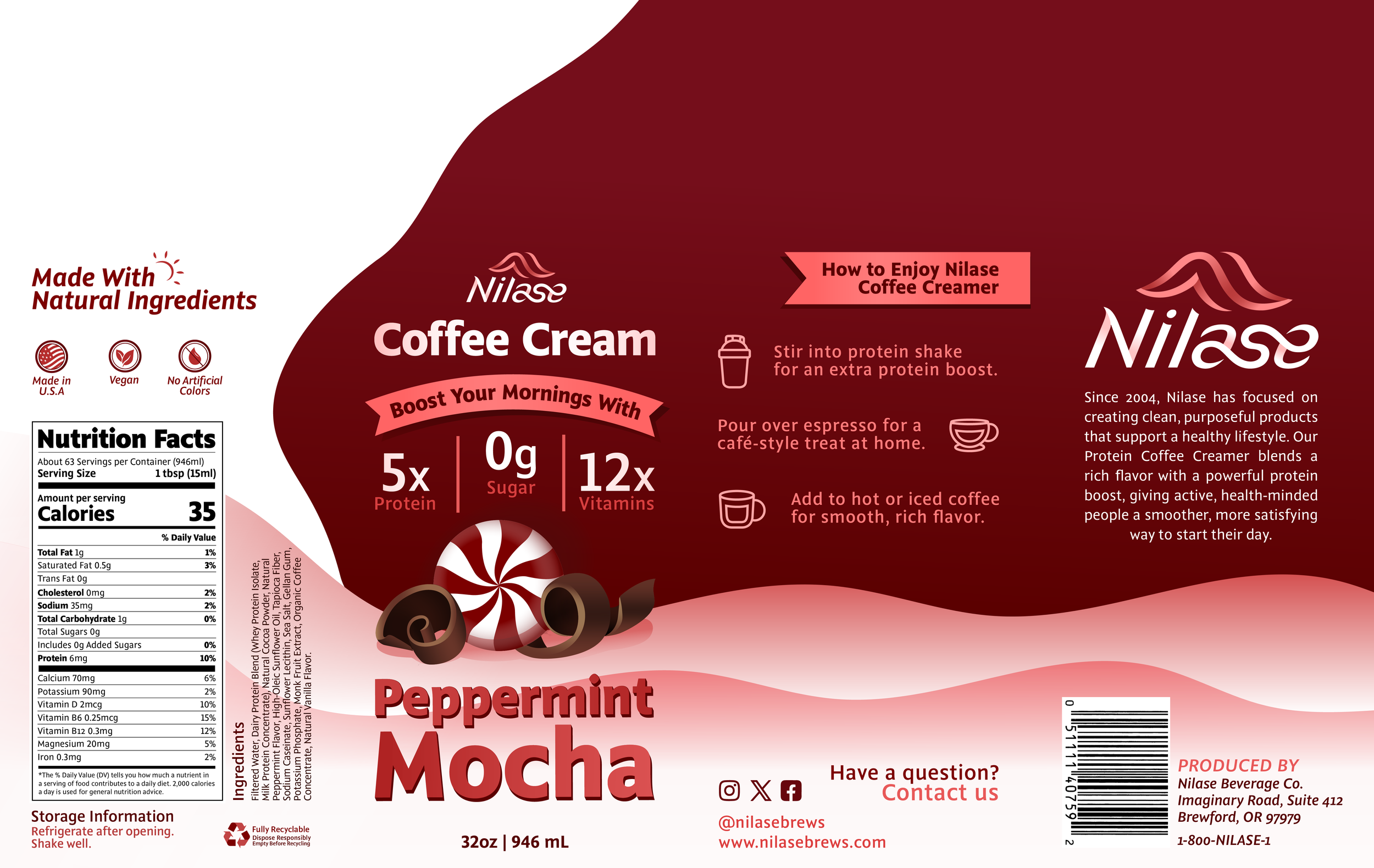 Packaging for Nilase Peppermint Mocha Coffee Creamer with directions for use, nutrition facts, and description of natural ingredients, featuring a red and pink color scheme and peppermint and chocolate illustrations.