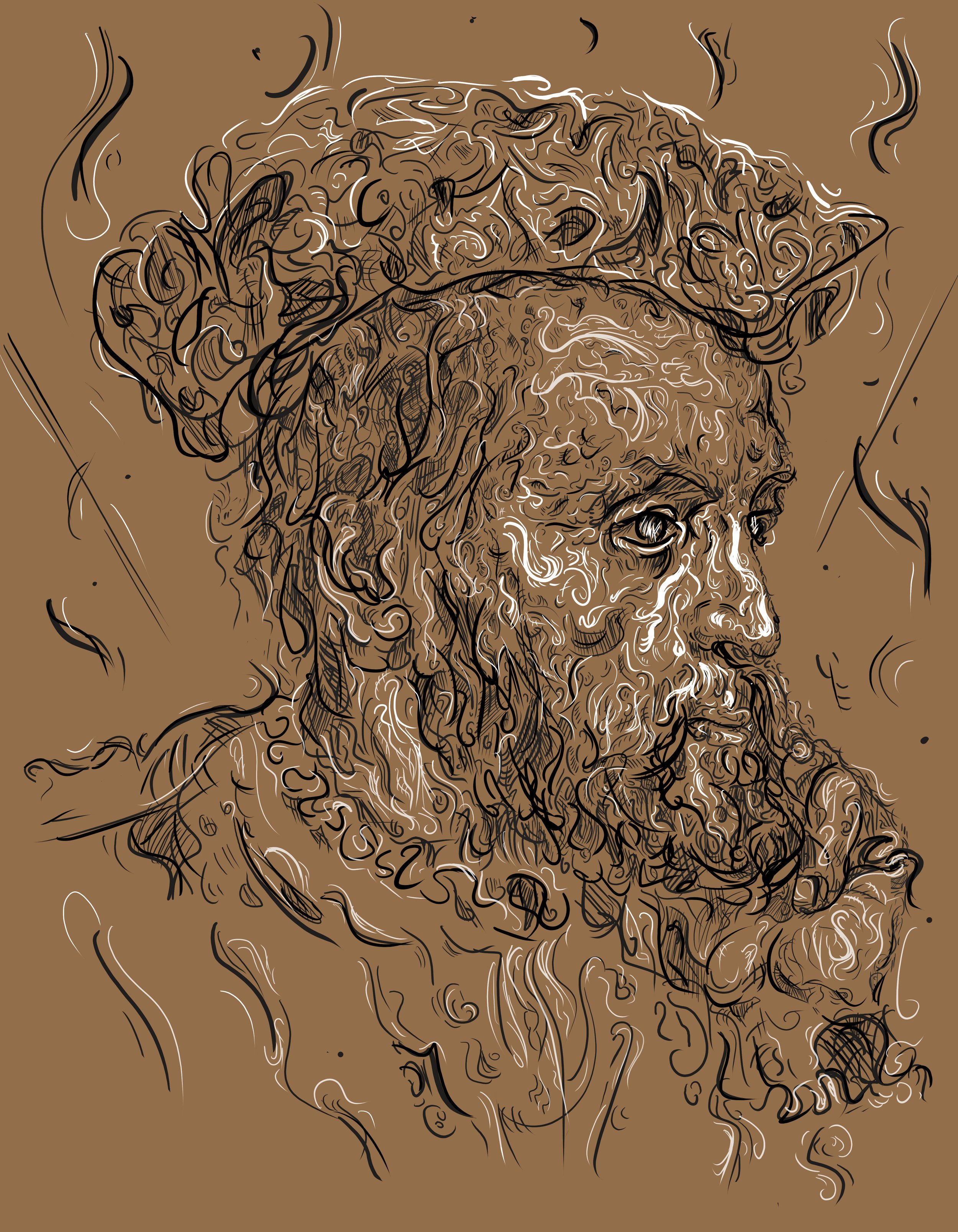 A digital sketch or drawing of a bearded man with a crown of thorns on his head, depicted in a loose, flowing style with abstract lines and swirls.