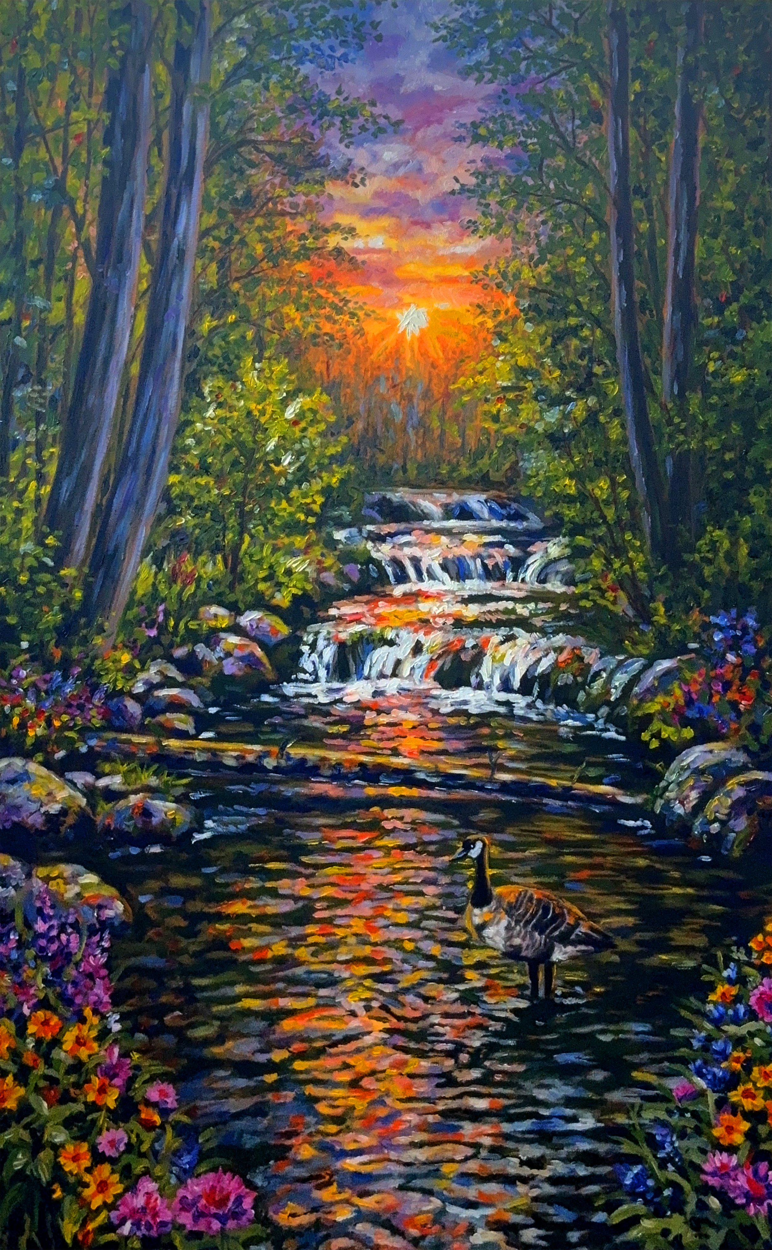 An impressionist-style painting of a serene nature scene at sunset, featuring a small waterfall flowing into a calm stream, surrounded by lush green trees and vibrant blooming flowers on the banks.