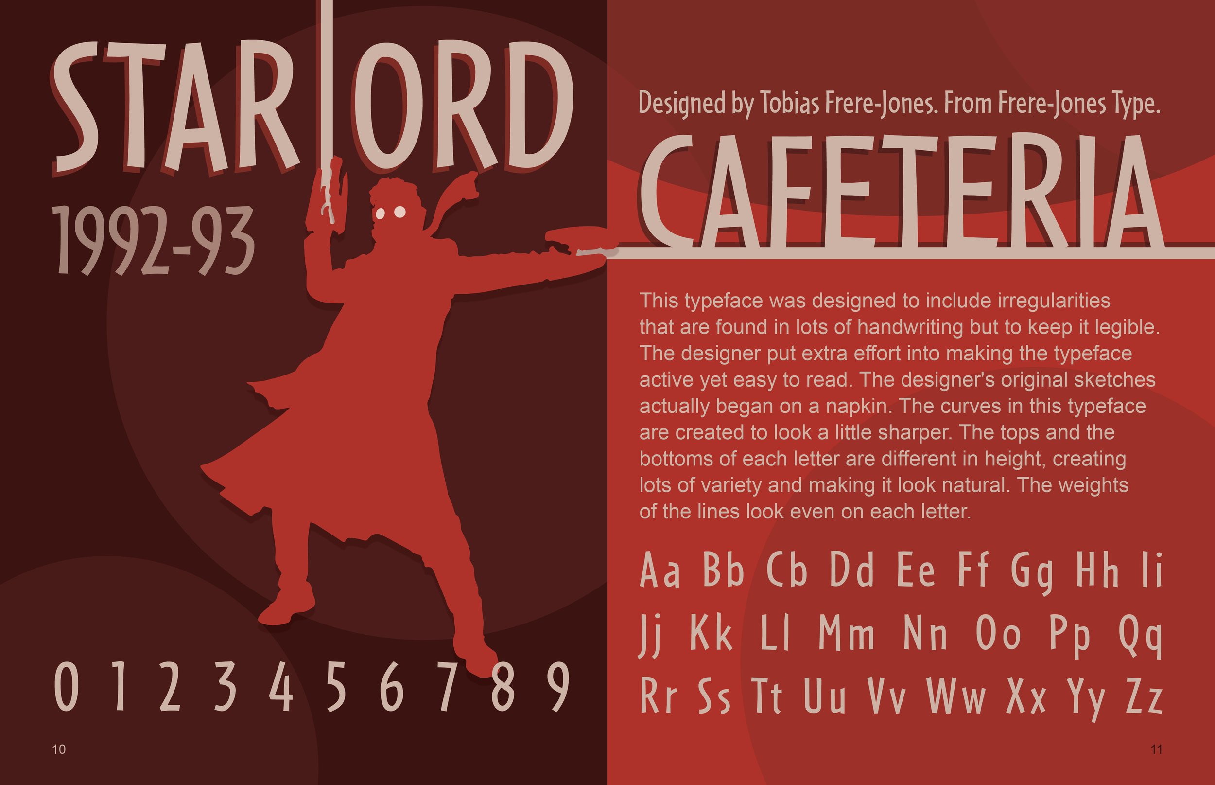A vintage poster featuring the typeface Starord, designed by Tobias Frere-Jones for Frere-Jones Type during 1992-93. The poster shows a red silhouette of a woman in a dress, with the word 'Cafeteria' in large letters, and a block of descriptive text about the typeface's design characteristics. The layout includes the years, numbers, and alphabet samples in various styles.
