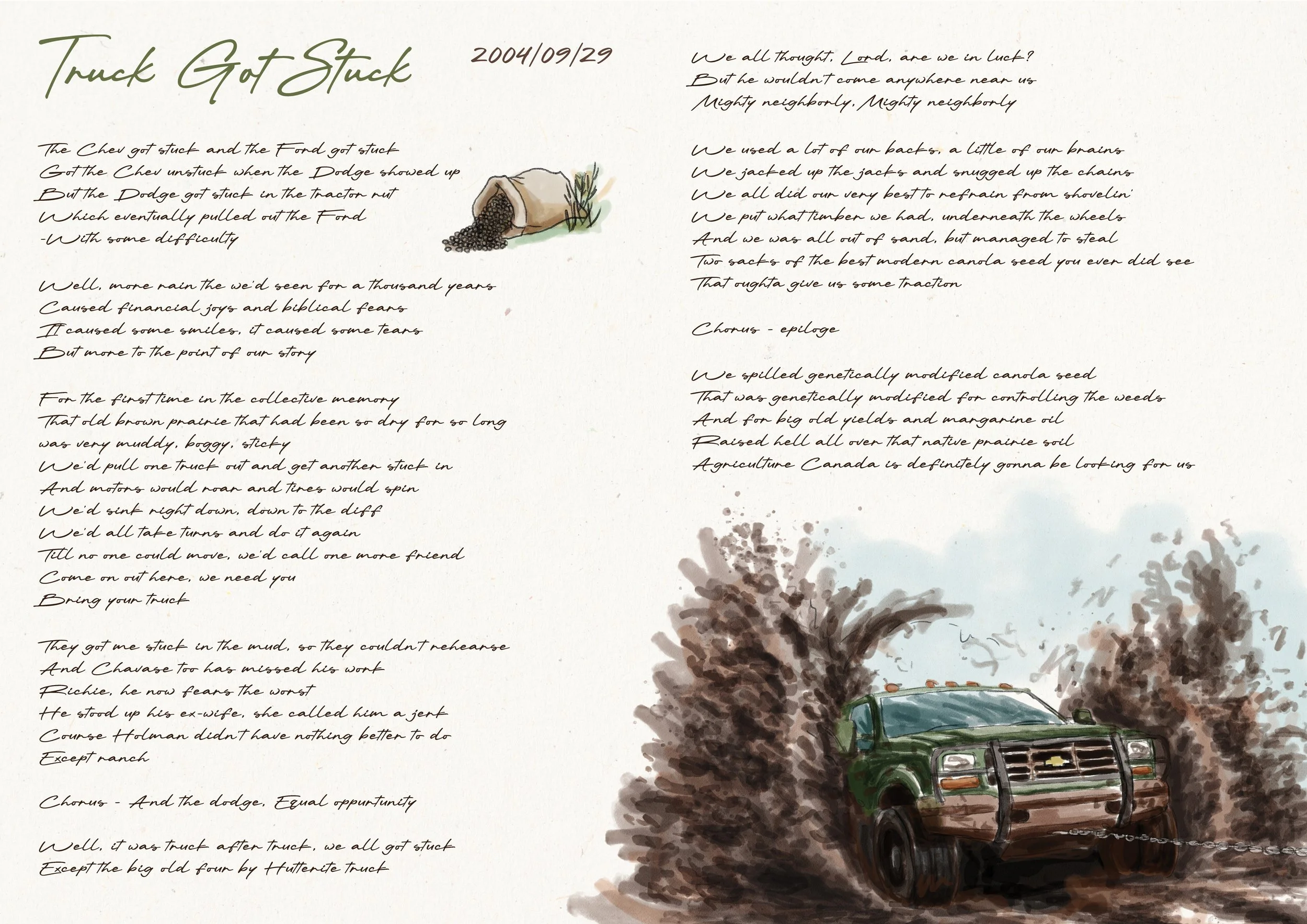 A handwritten poem titled 'Truck Got Stuck' with a small illustration of a tipped-over paper bag spilling out seeds to the left of the text, and a watercolor painting of a green truck with a chain in front, surrounded by trees, to the right.