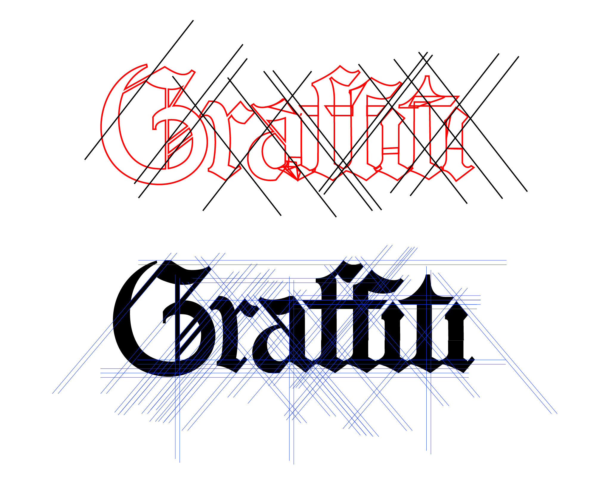 Design sketch featuring the word 'Grateful' in red Gothic font at the top, with blue construction lines and geometric patterns resembling a wireframe or blueprint below.