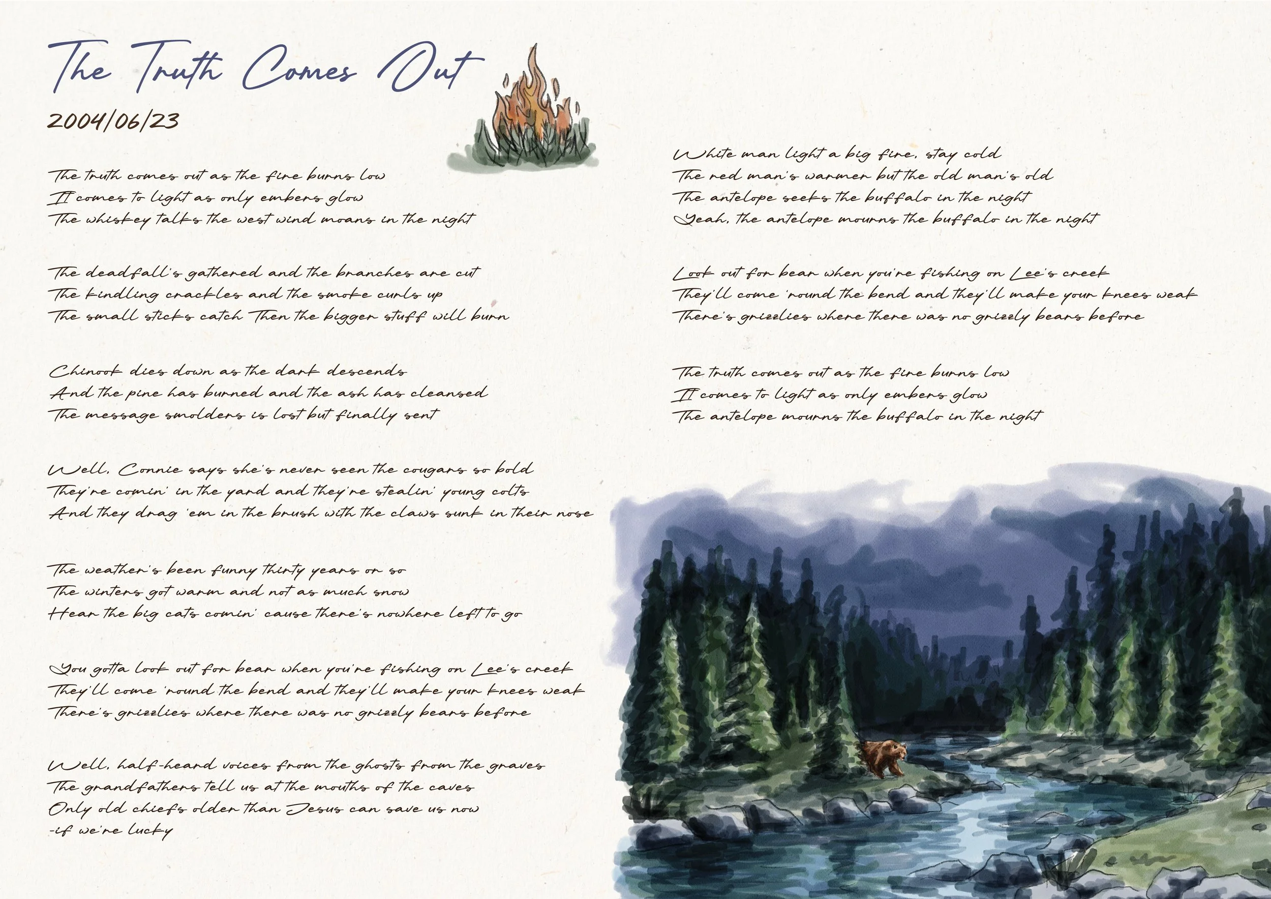 A handwritten poem titled "The Truth Comes Out" is written on paper with a small illustration of a campfire above the poem and a landscape painting of a river, dense forest, mountains, and a bear at the bottom right corner.