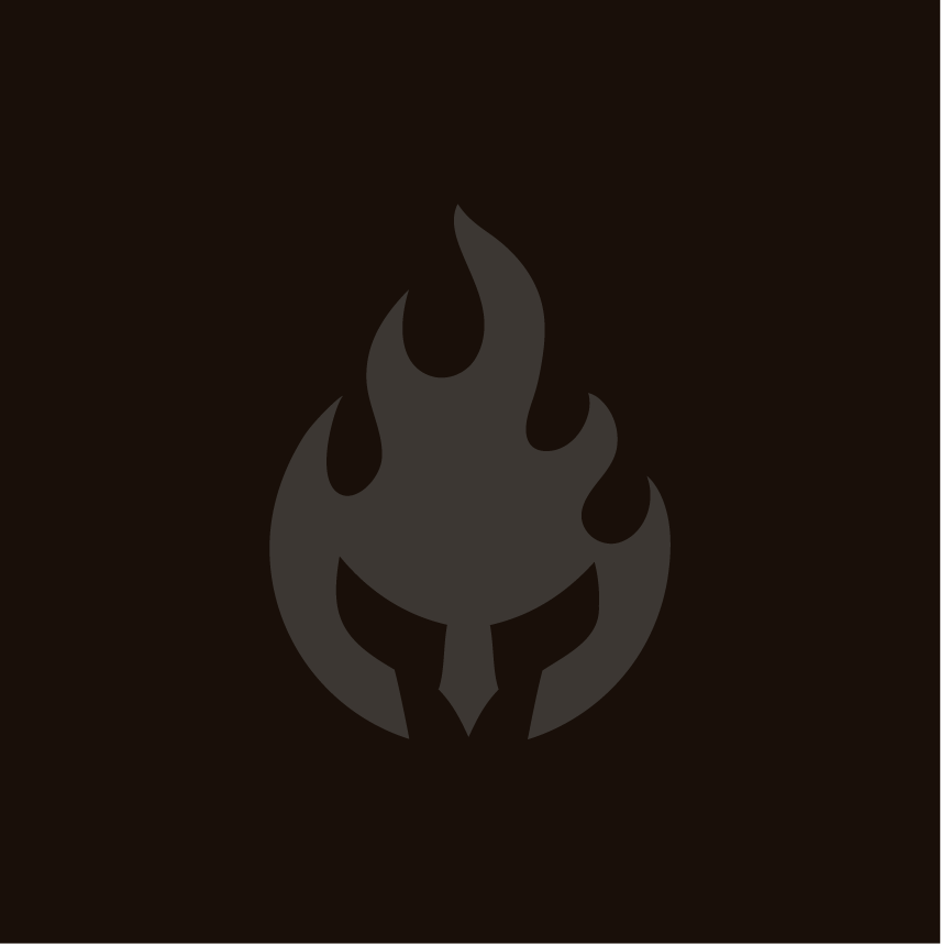 A dark background with a gray flame logo featuring a stylized face with pointed features.