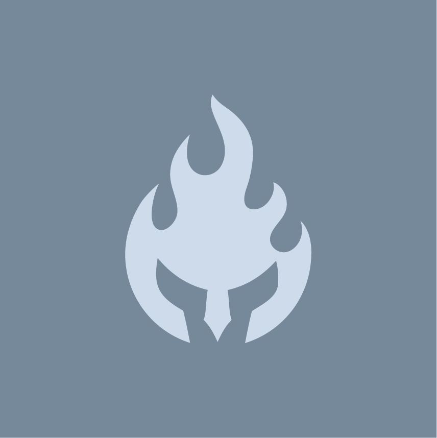 Icon of a flame with a face woven into the flames, on a gray background.