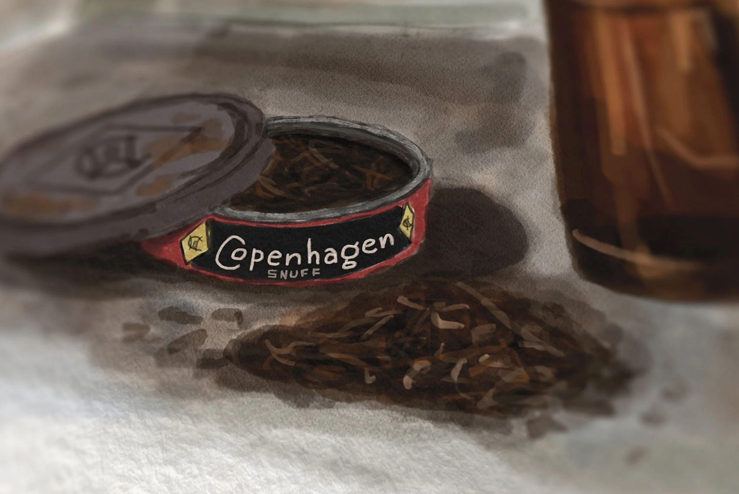 A can of Copenhagen Snuff tobacco with some loose tobacco spilled next to it, placed on a light surface.