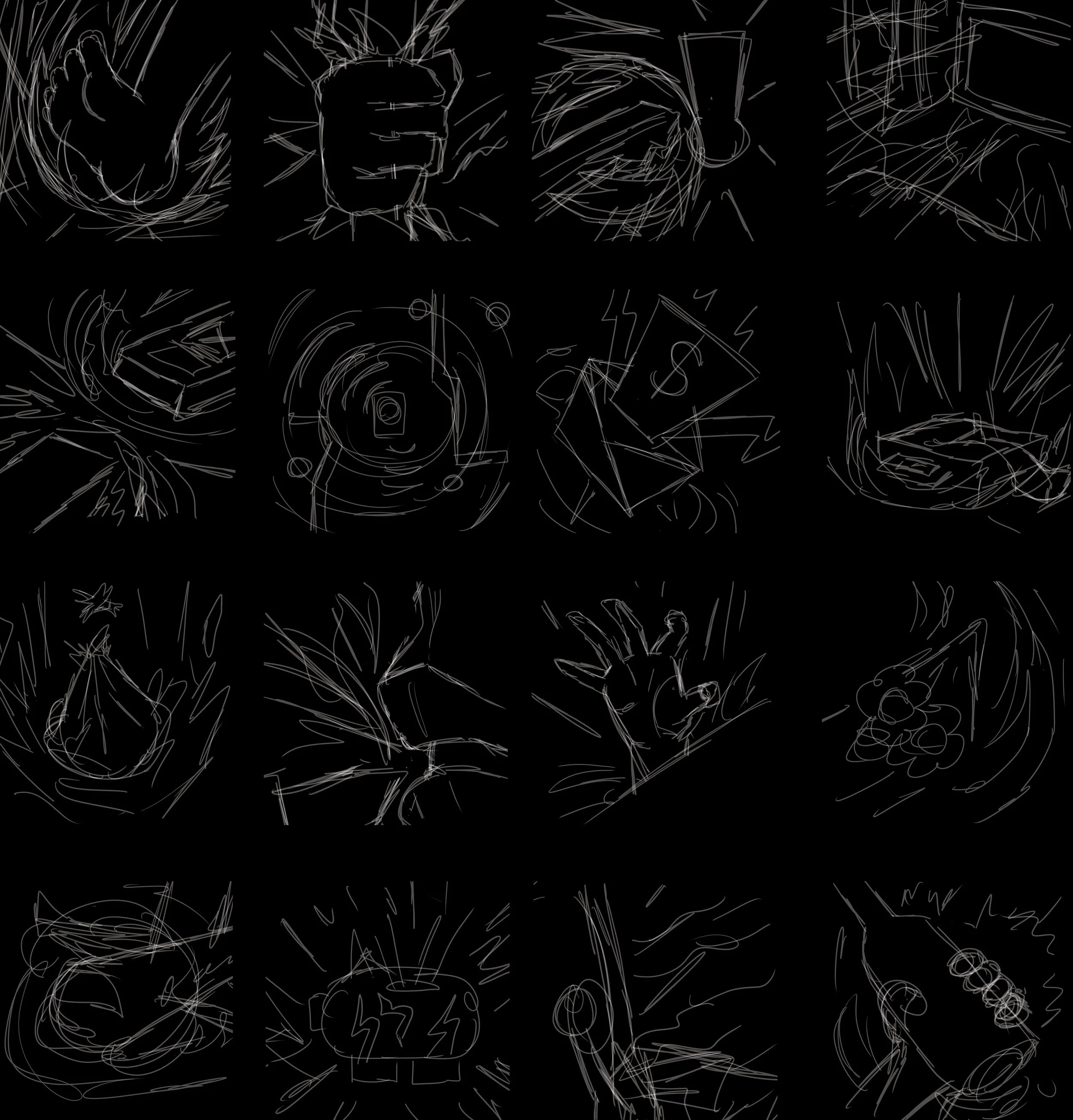 A collection of hand-drawn sketched images on a black background, depicting various objects and scenes such as a fist, a cake, a hand, a pair of glasses, and a lightning bolt.