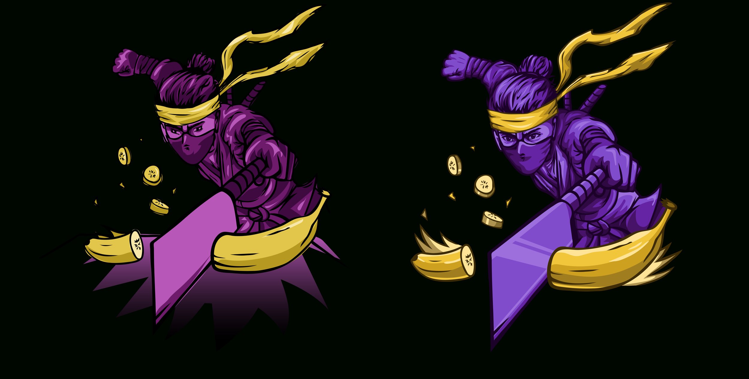 Digital artwork of a ninja slicing a banana with a purple sword, wearing a purple outfit and yellow headband, with coins flying around, depicted twice in different color schemes.