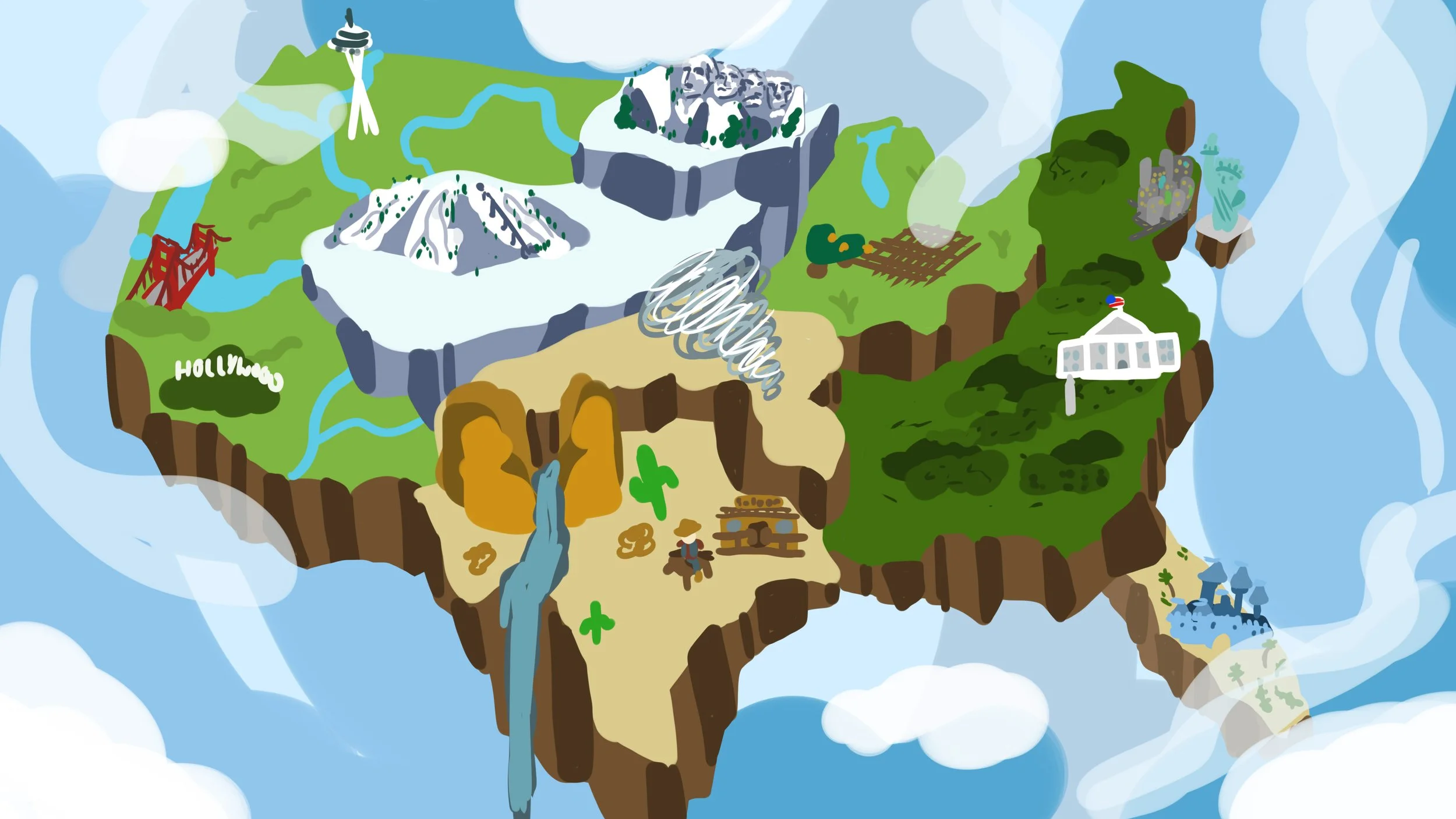 A cartoon map of the United States with iconic landmarks including Hollywood sign, Golden Gate Bridge, Mount Rushmore, Statue of Liberty, Grand Canyon, and Niagara Falls.