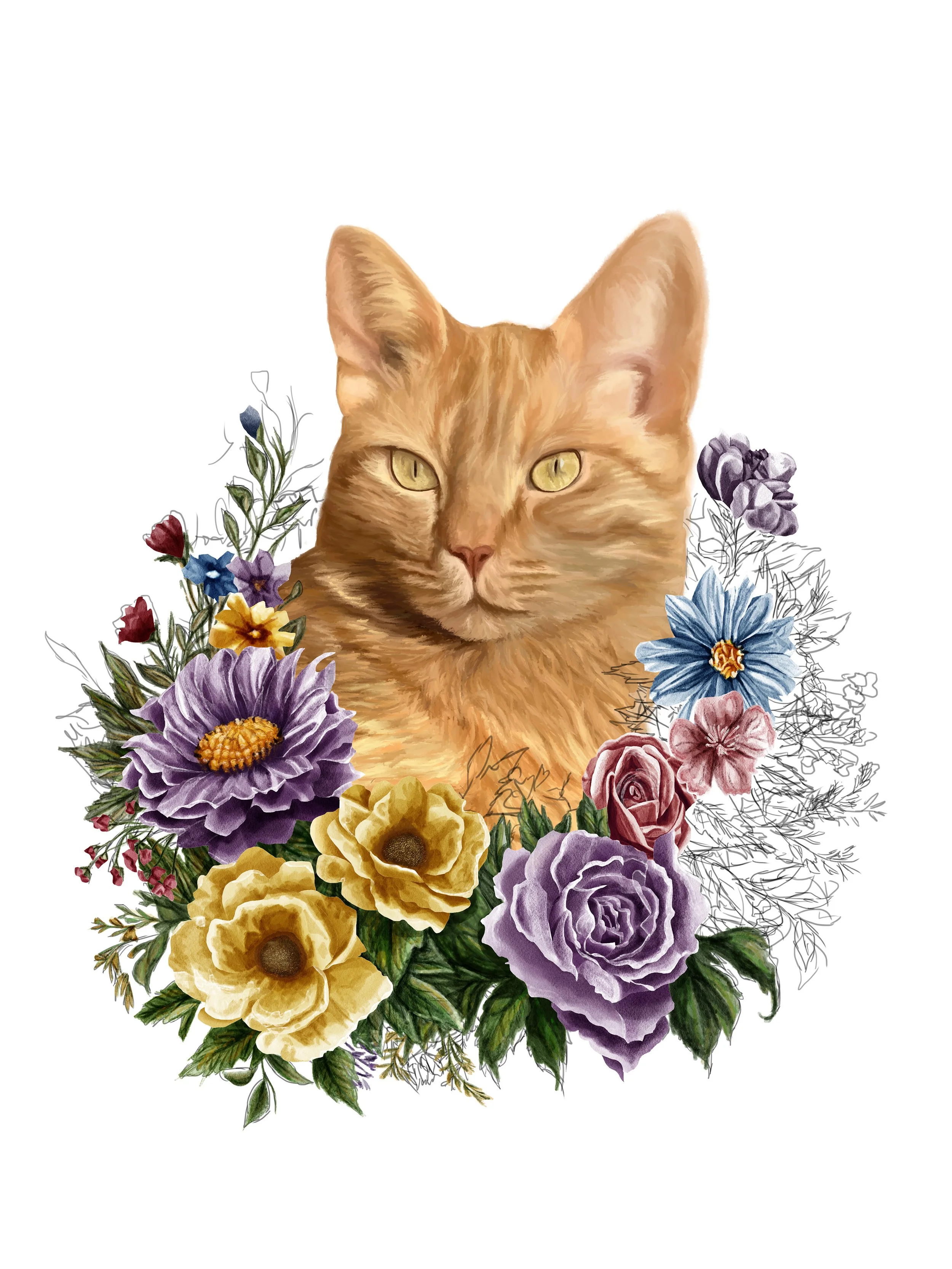 Digital illustration of a ginger cat's face surrounded by colorful flowers including purple, yellow, pink, and blue, on a white background.