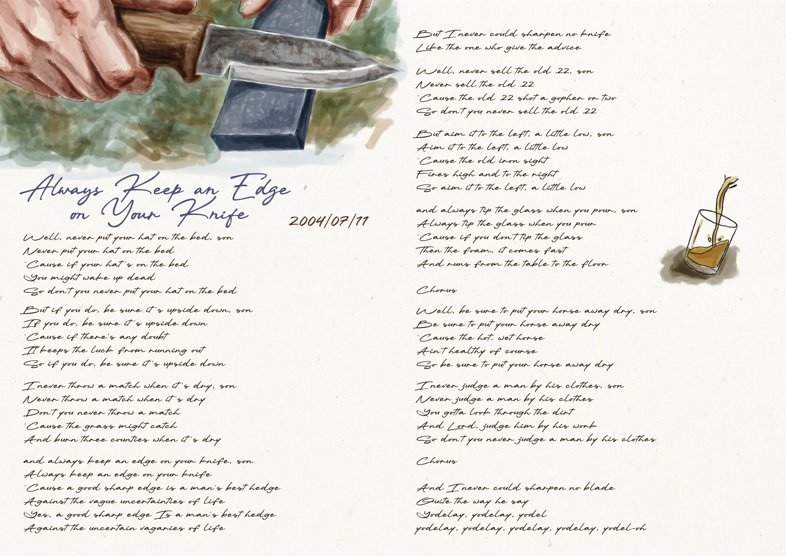 Illustration of a person sharpening a knife on a stone with a honing stone, with a handwritten song lyrics titled "Always Keep an Edge on Your Knife" dated July 17, 2004, and a small depiction of a glass with a drink and a straw.