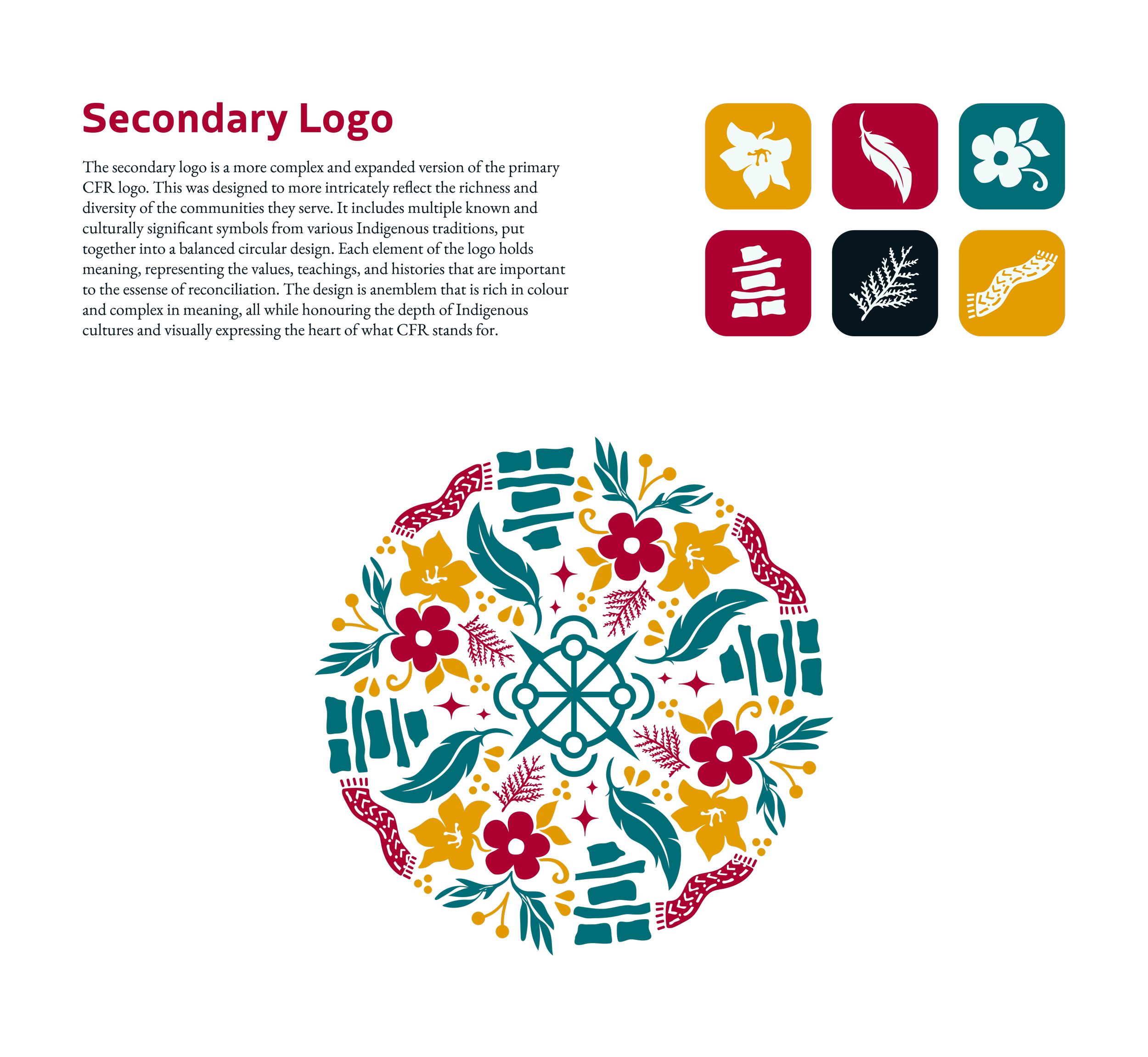 Colorful indigenous-themed design featuring floral and geometric patterns, with emblematic symbols and symbols representing Indigenous culture.