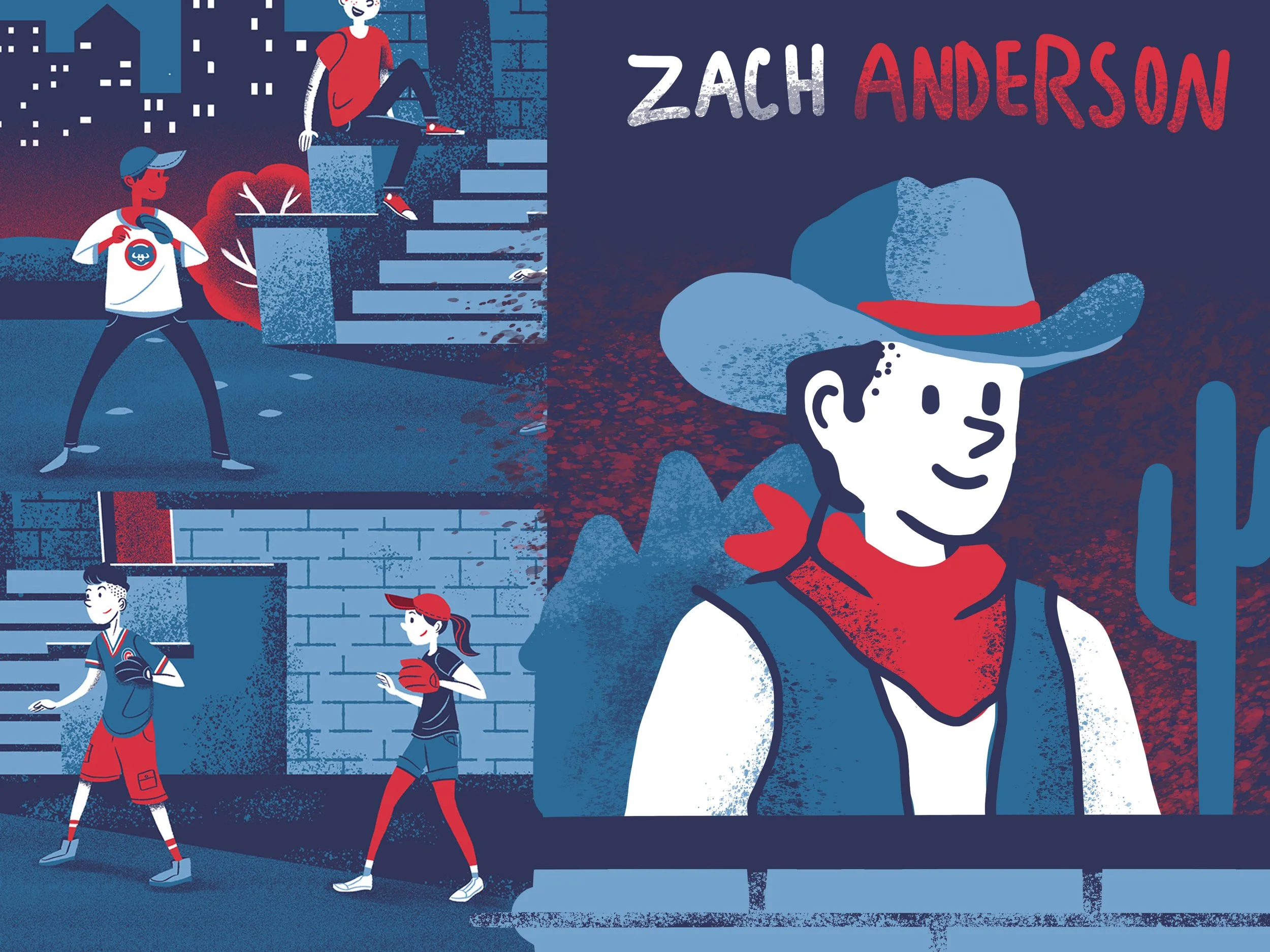 Illustrated scene featuring a boy dressed as a cowboy with a large hat, red bandana, and vest, smiling against a desert backdrop with mountains, cacti, and a dark sky. Other children are shown in different outdoor activities like playing baseball and using a phone, with cityscape in the background.