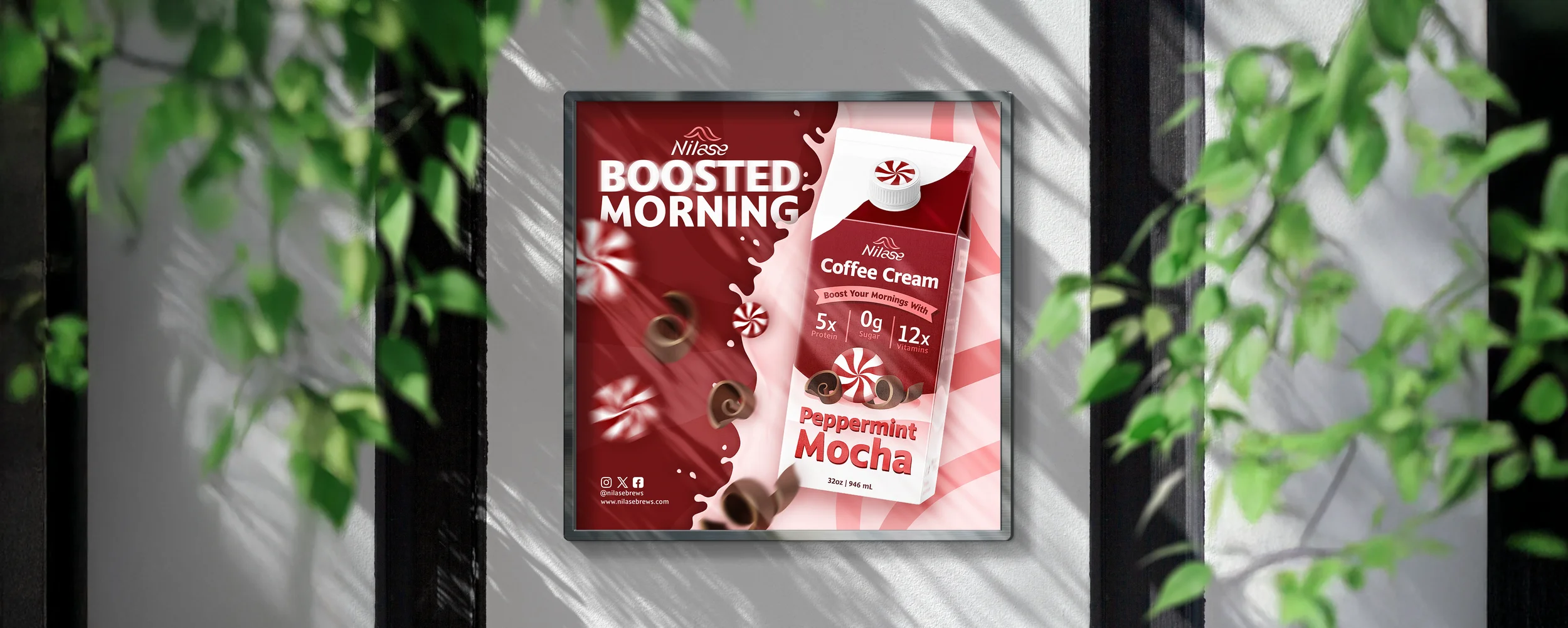 Advertisement for Nilase Boosted Morning Coffee Cream Peppermint Mocha flavor, featuring a carton of coffee cream and floating chocolate curl candies, on a wall with plant leaves around.