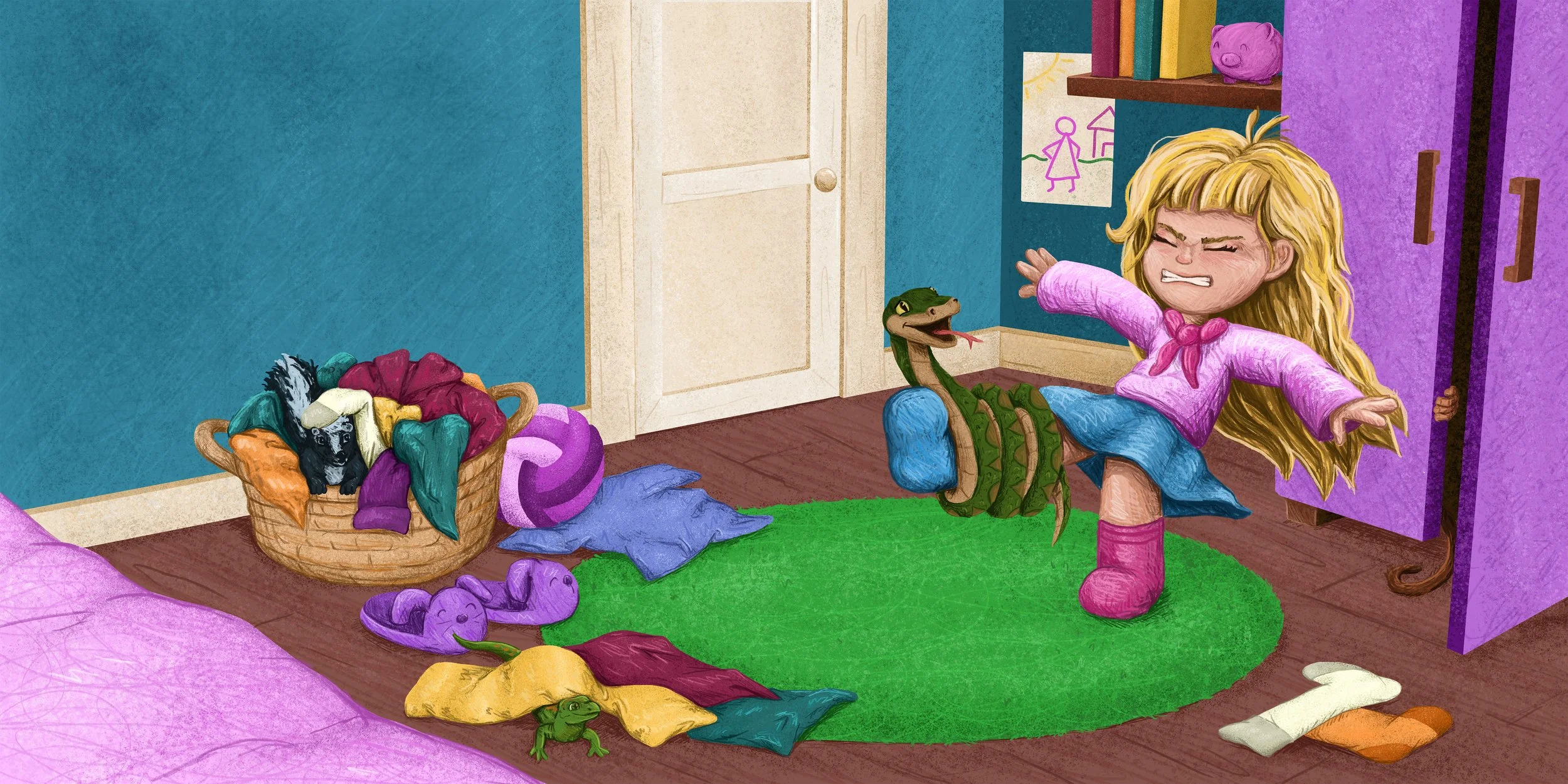A young girl with long blonde hair, angry expression, wearing a pink top, blue skirt, and pink socks, kicking a toy snake in her room. The room has purple and green accents, a basket of laundry, plush toys, a drawing on the wall, and a closet.