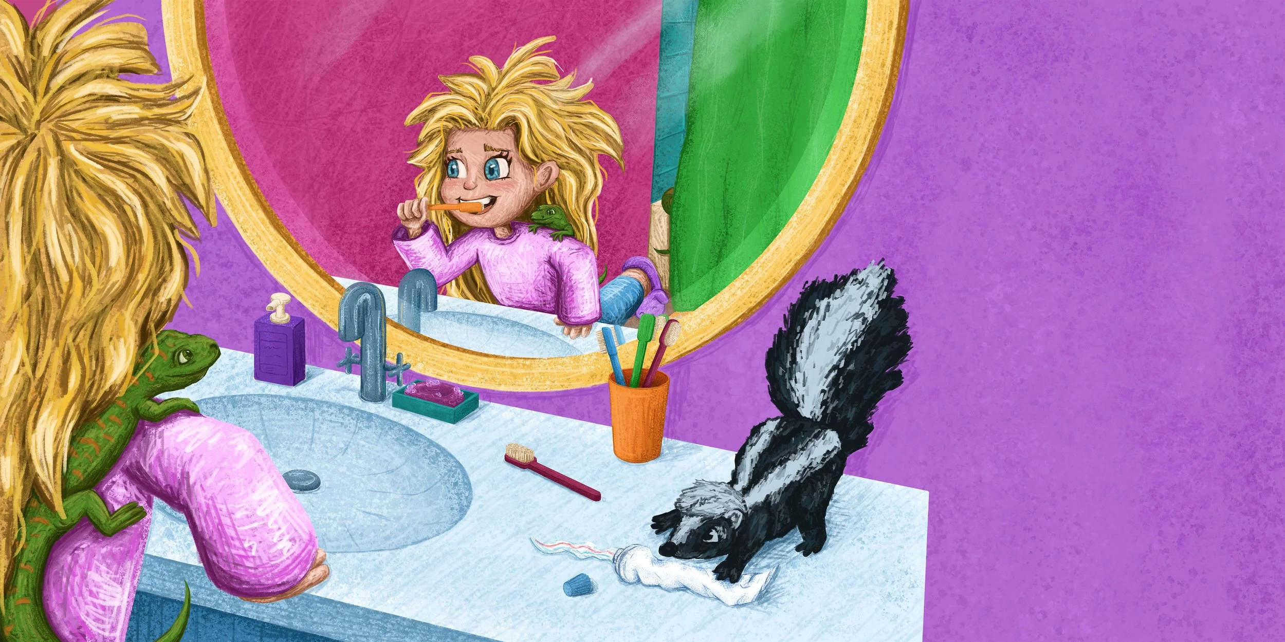 A girl with blonde hair brushing her teeth in the bathroom mirror. She is wearing a pink sweater. There is a skunk on the bathroom counter holding a toothbrush and a chameleon sitting on her shoulder. The bathroom has purple and green walls, a mirror, toothbrushes in a cup, a bottle of soap, and a soap dish, with various toys on the counter.