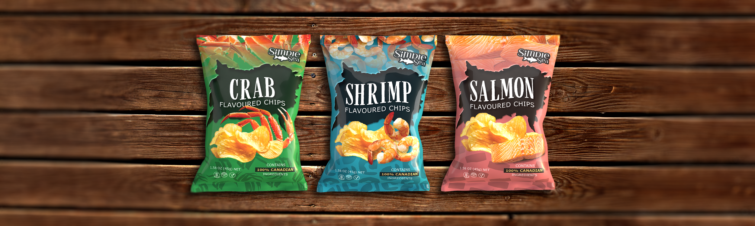 Three bags of flavored chips, crab, shrimp, and salmon, are arranged on a wooden surface.
