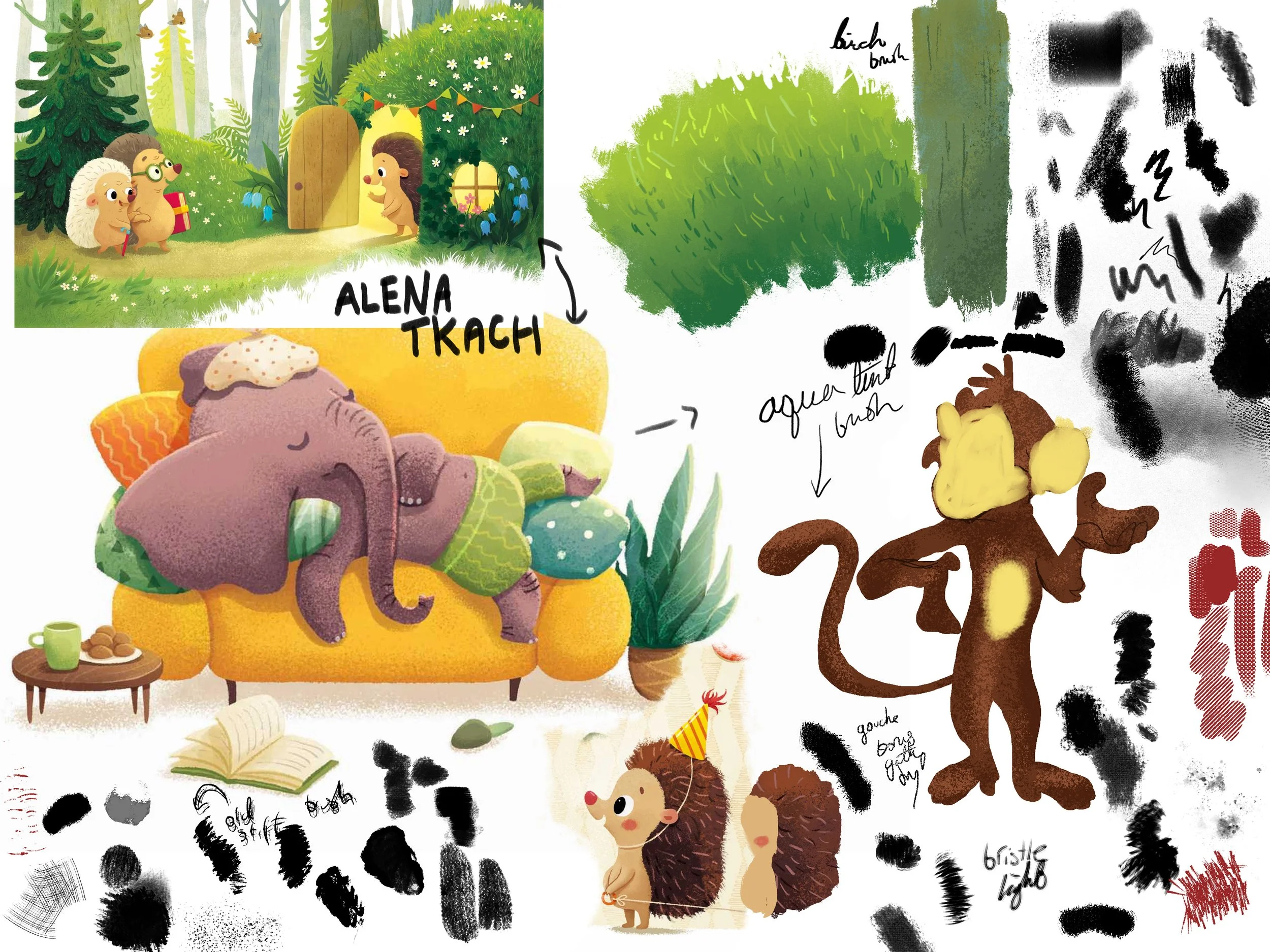 Illustration featuring several animals in a colorful, playful scene. Top left corner shows two hedgehogs in a grassy area near trees, with one holding a gift and the other carrying a present. In the center, a purple elephant is lying on a yellow couch, with an open book nearby, and a small hedgehog wearing a party hat is standing nearby. To the right, a lion cub with a mane is depicted with some black textured brush strokes and handwritten annotations. The scene includes plants and a cheerful, whimsical atmosphere.