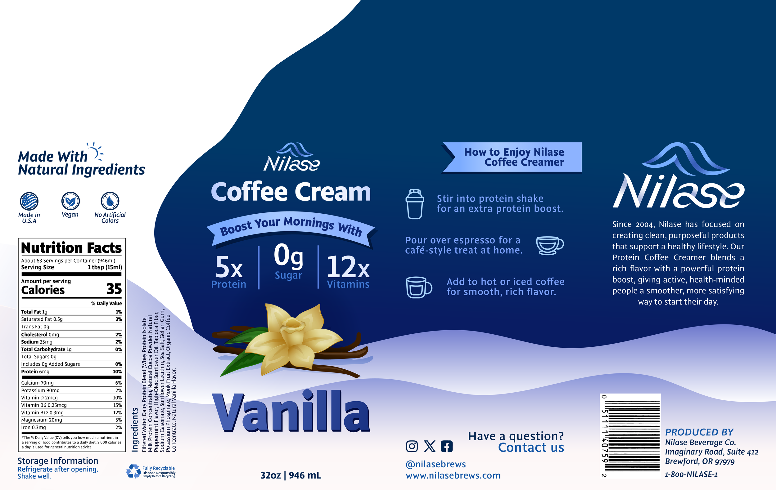 Back of a Nilase coffee cream container with instructions on how to enjoy nilase coffee creamer, nutrition facts, ingredients, and company information. Features a vanilla flavor with a vanilla flower and vanilla beans illustration.