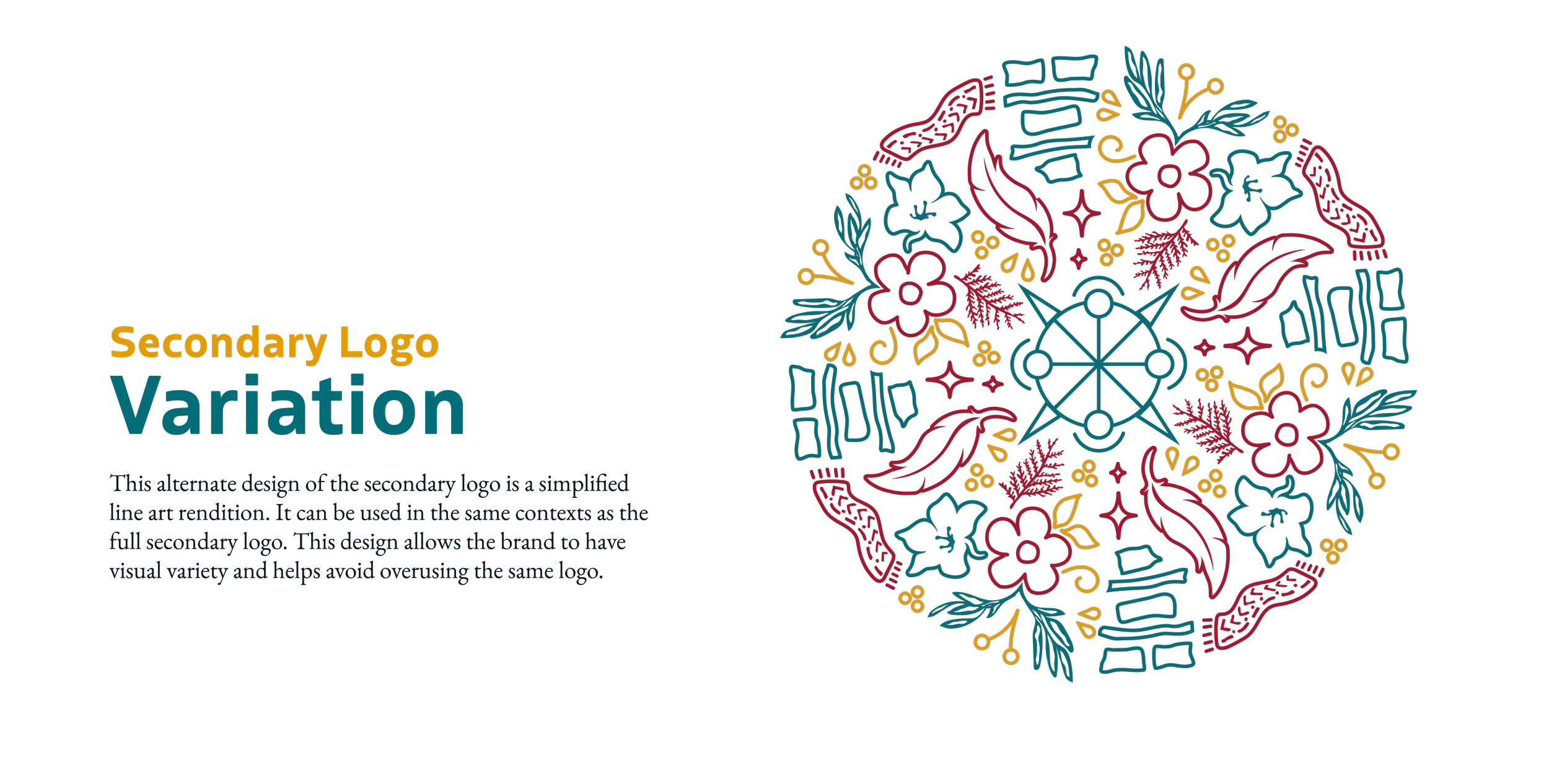 A black background with colorful line art floral design on the right side and text on the left. The text reads 'Secondary Logo Variation' with a description below explaining it's an alternate, simplified design of the secondary logo that adds visual variety and avoids overusing the same logo.