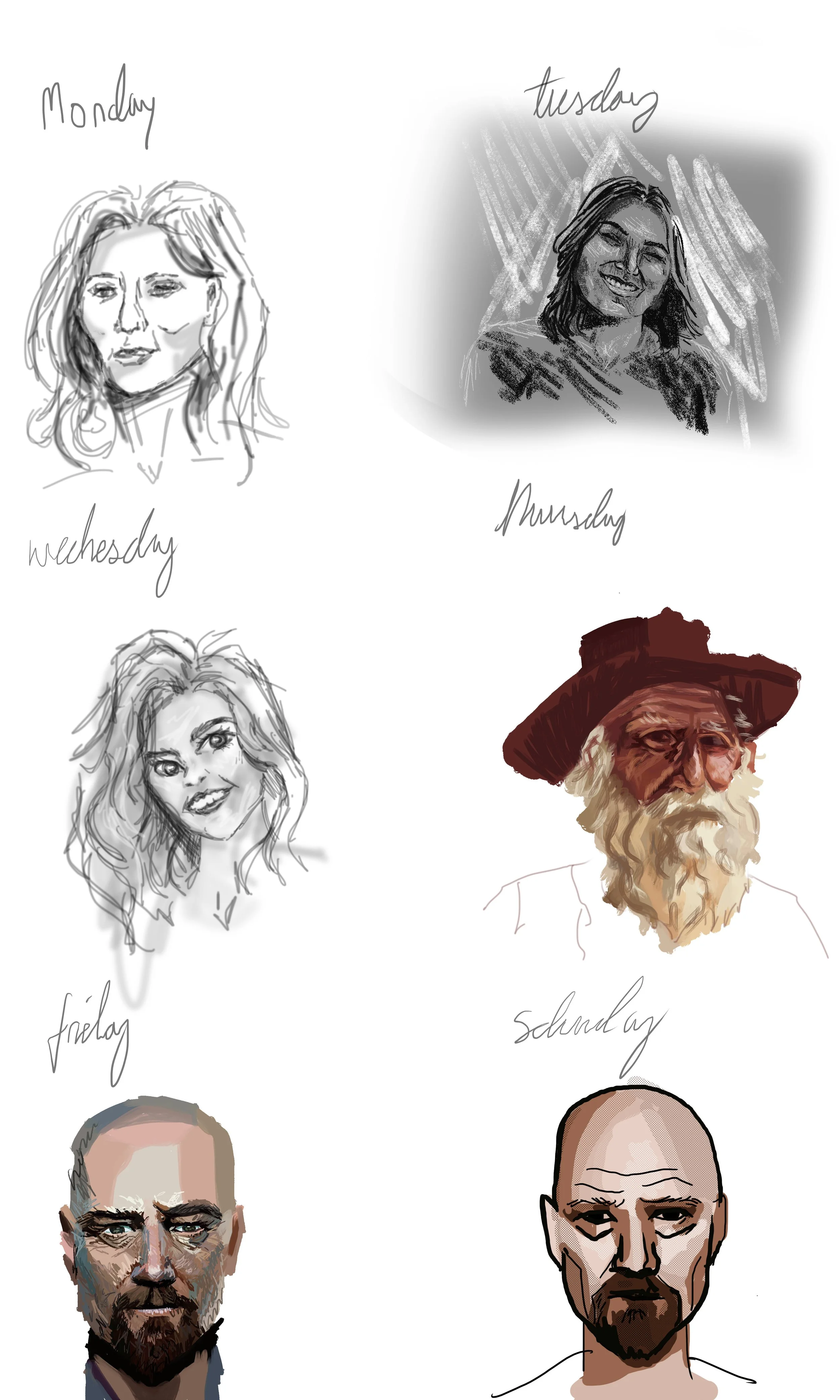 Sketches and digital illustrations of six different people's faces, each labeled with a day of the week from Monday to Saturday, including various artistic styles.