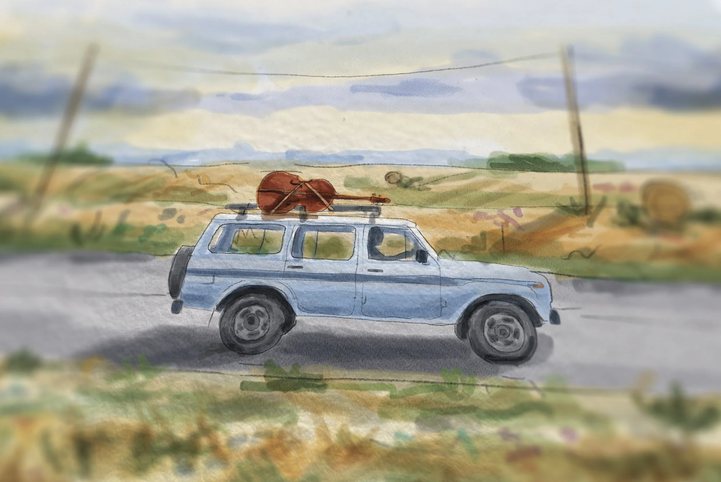 Watercolor painting of a blue SUV with a red bag on the roof and a drive-through landscape in the background.