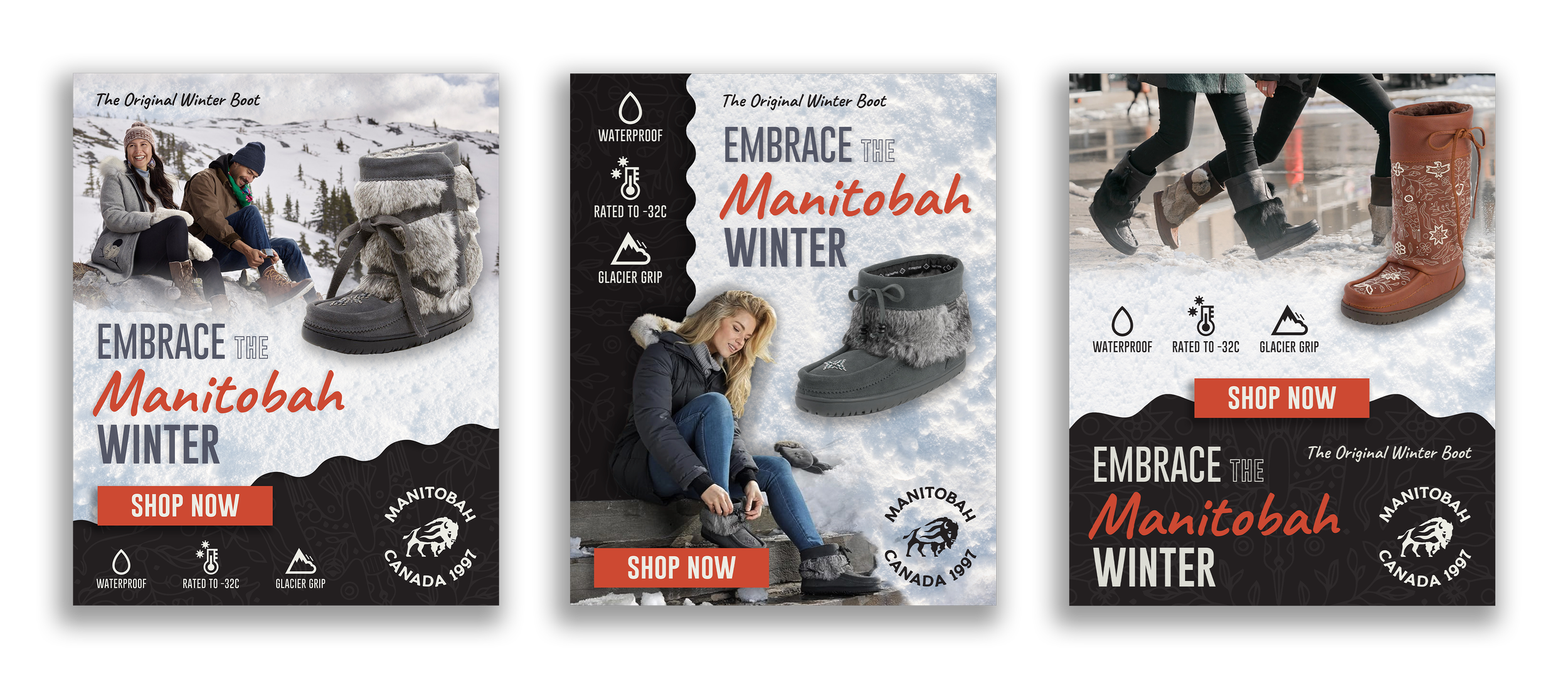Three different outdoor winter footwear advertisements for Manitobah winter boots. Each ad features a person or people wearing the boots in snowy environments, with details about waterproofing, freezing resistance, and glacier grip. The ads include call-to-action buttons labeled 'Shop Now' and highlight the Manitoba brand logo, established in 1991.