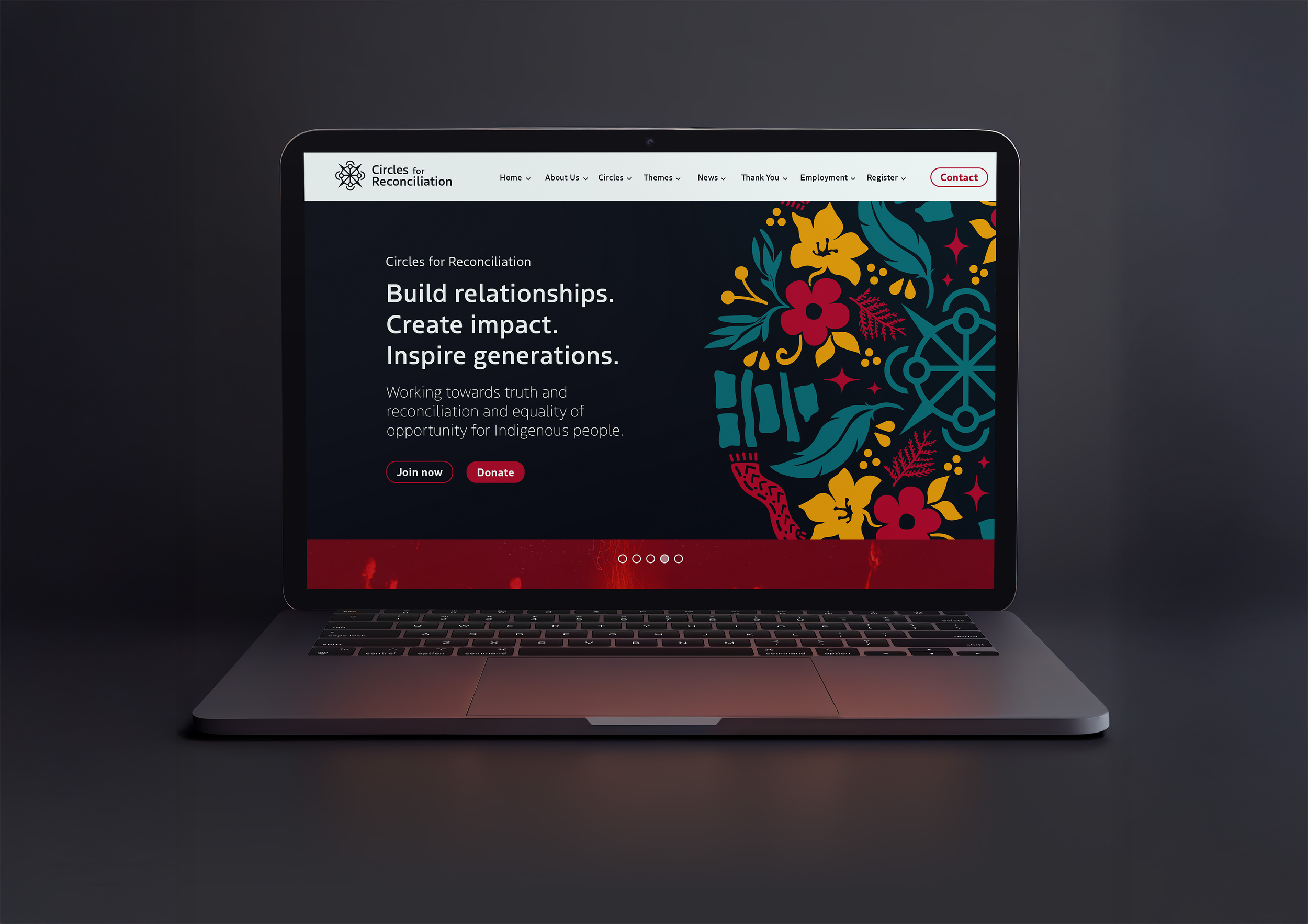Laptop displaying the homepage of the Circles for Reconciliation website, featuring a dark background with colorful floral and geometric designs on the right side and text promoting relationship building, impact creation, and inspiration for Indigenous reconciliation.