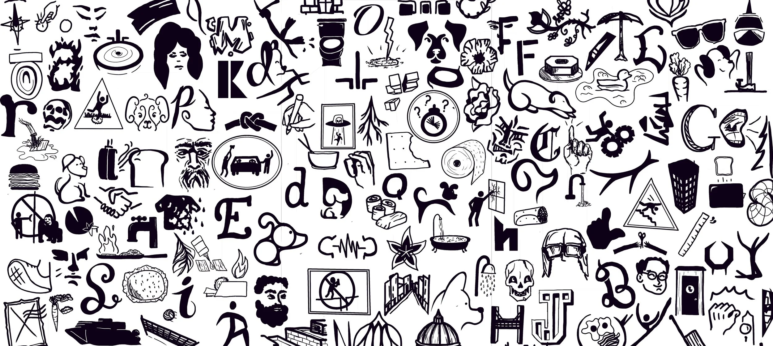 A collage of various black and white doodles and icons, including a person with curly hair, a dog, a skull, a skateboard, a stopwatch, a house, a tape measure, a plant, a mountain range, and many abstract symbols and objects.