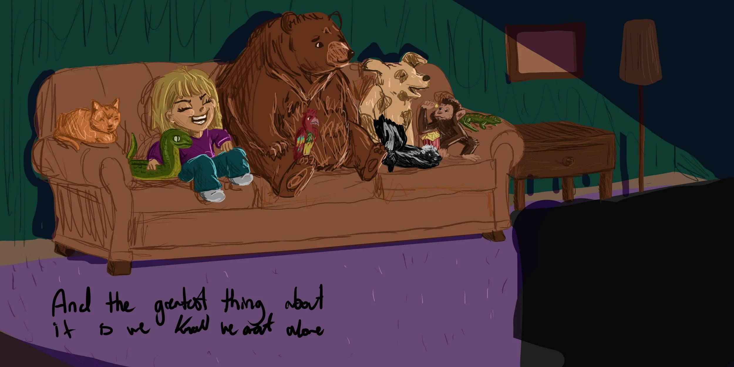 A girl with blonde hair, sitting on a brown couch, surrounded by stuffed animals of various animals like a bear, a fox, a snake, a parrot, a whale, a black fish, a monkey, and a rabbit, watching television. There is a purple carpet with handwritten text that says, 'And the greatest thing about it is we know we aren't alone.'