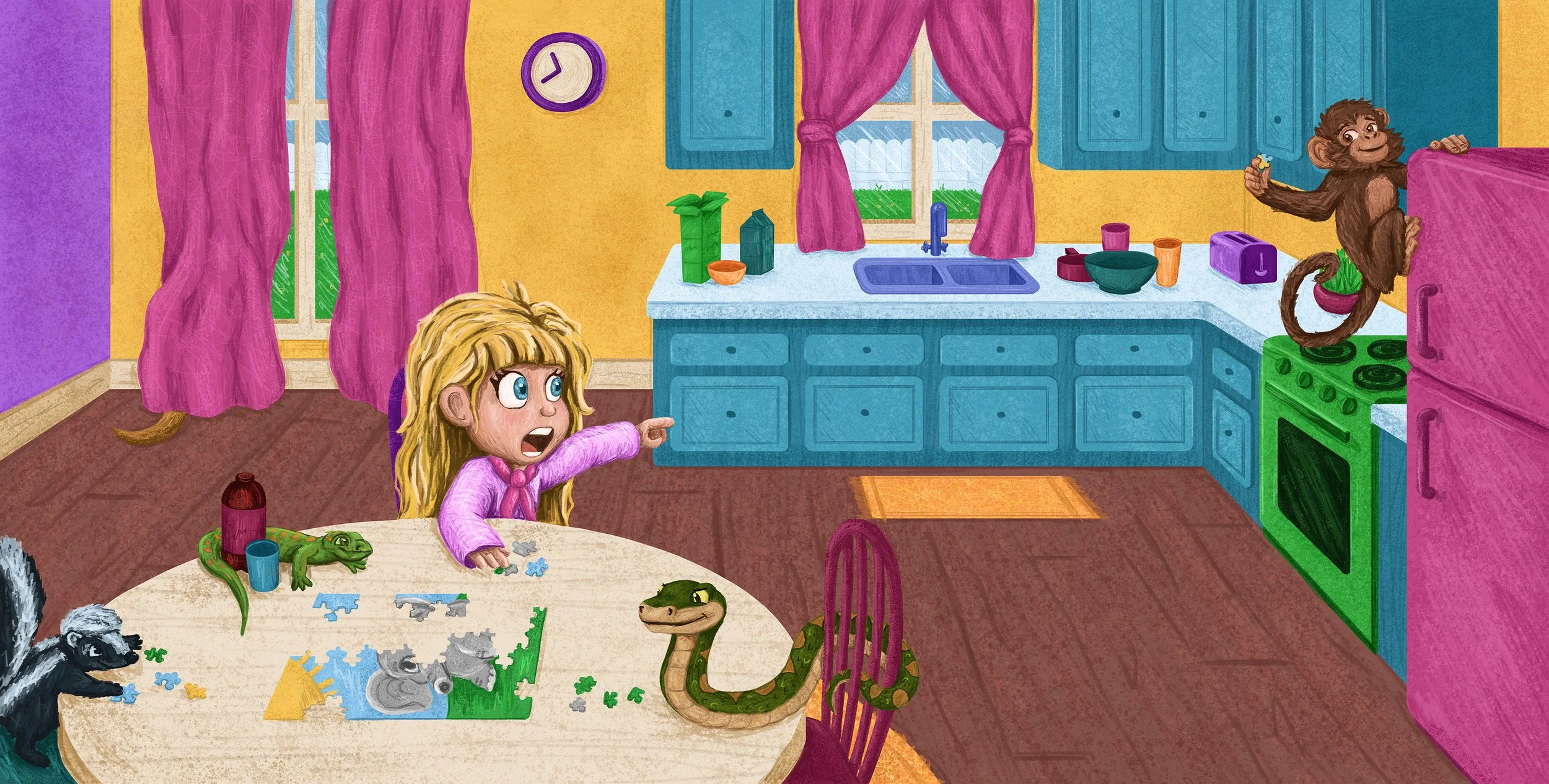 A young girl with long blond hair pointing and shouting at a monkey on a kitchen stove. The kitchen has blue cabinets, yellow walls, and purple curtains. There are puzzles on the dining table featuring animals, and some toys and animals on the table, including a snake, a raccoon, and a lizard.