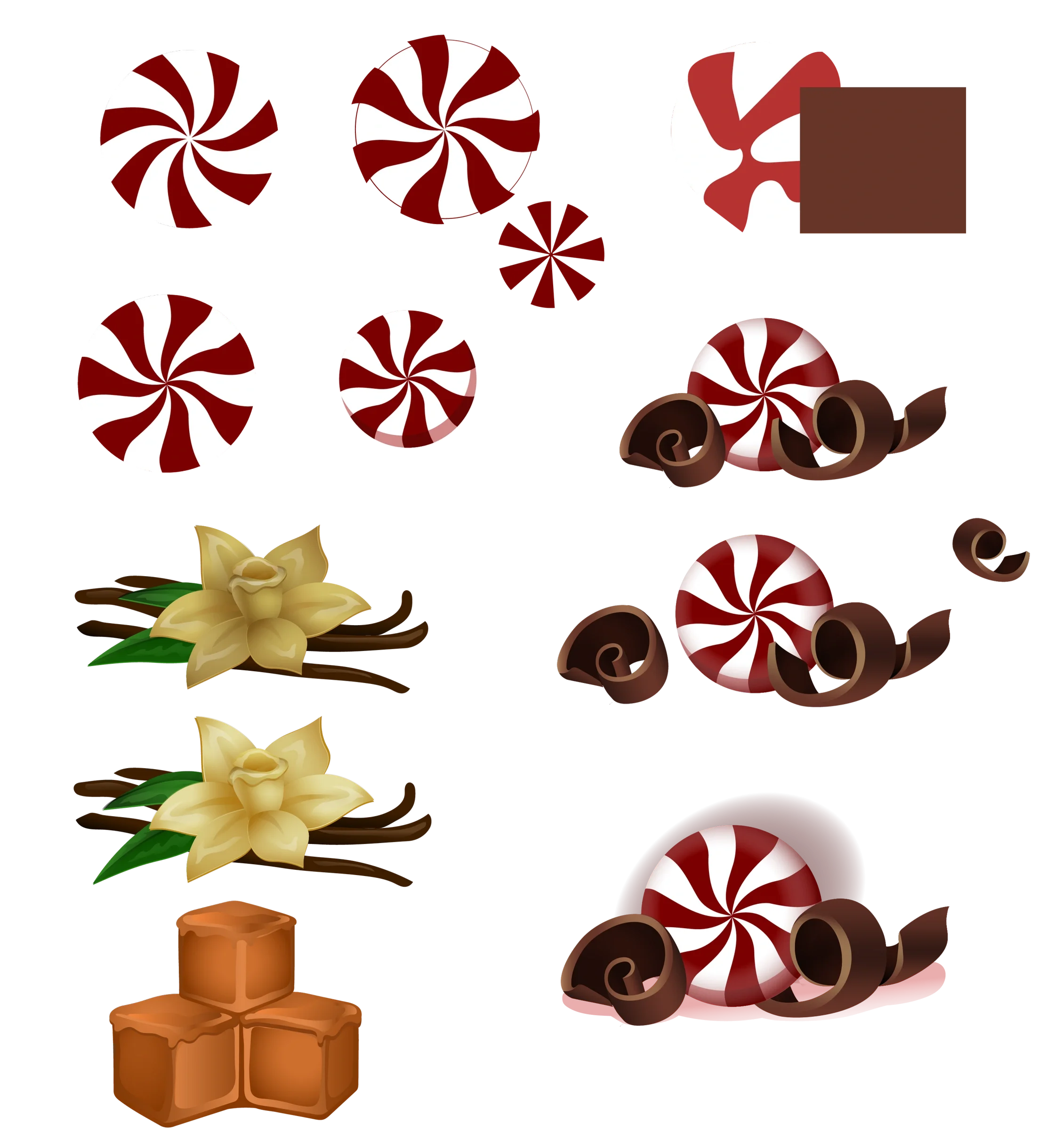 Diagram showing the steps to make peppermint bark, including layering white and dark chocolate, adding peppermint candies, and topping with chocolate curls and vanilla flowers.