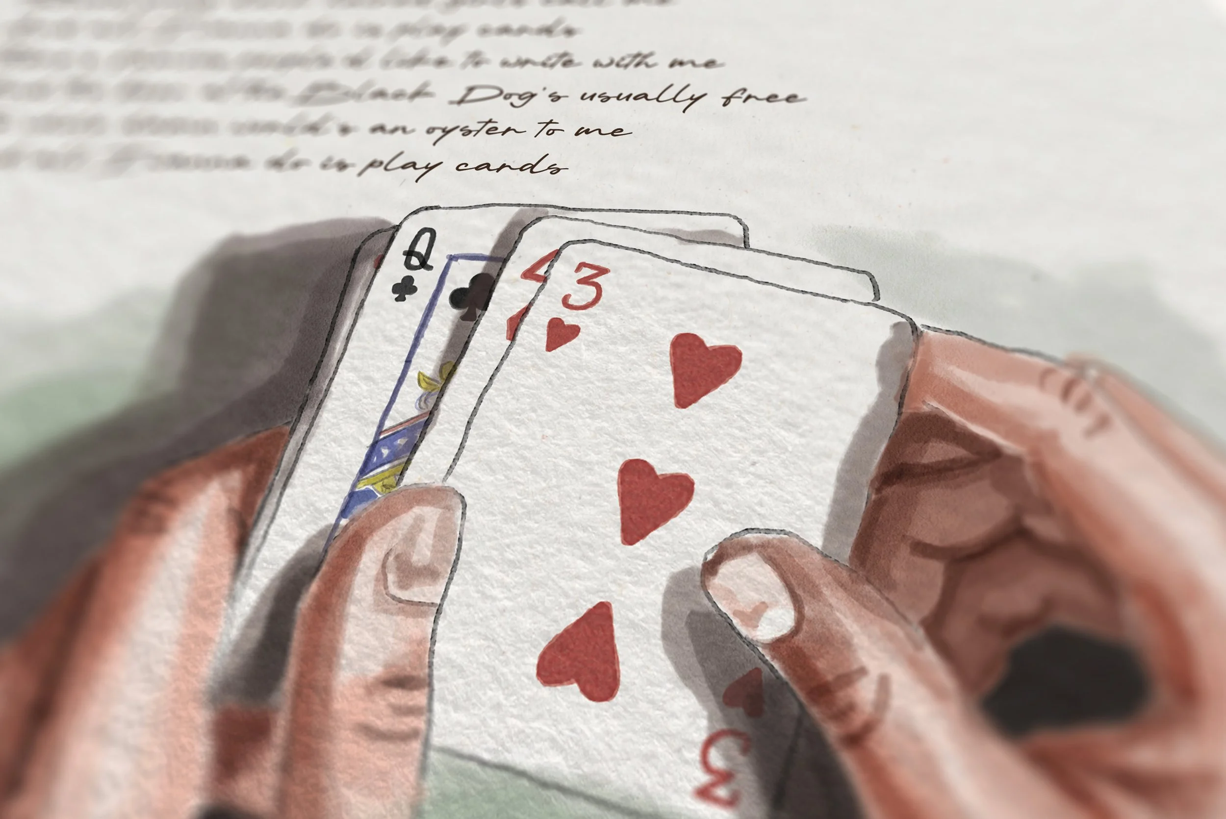 Illustration of a person's hands holding three playing cards: Queen of Clubs, Jack of Clubs, and 3 of Hearts, with handwritten notes in the background.