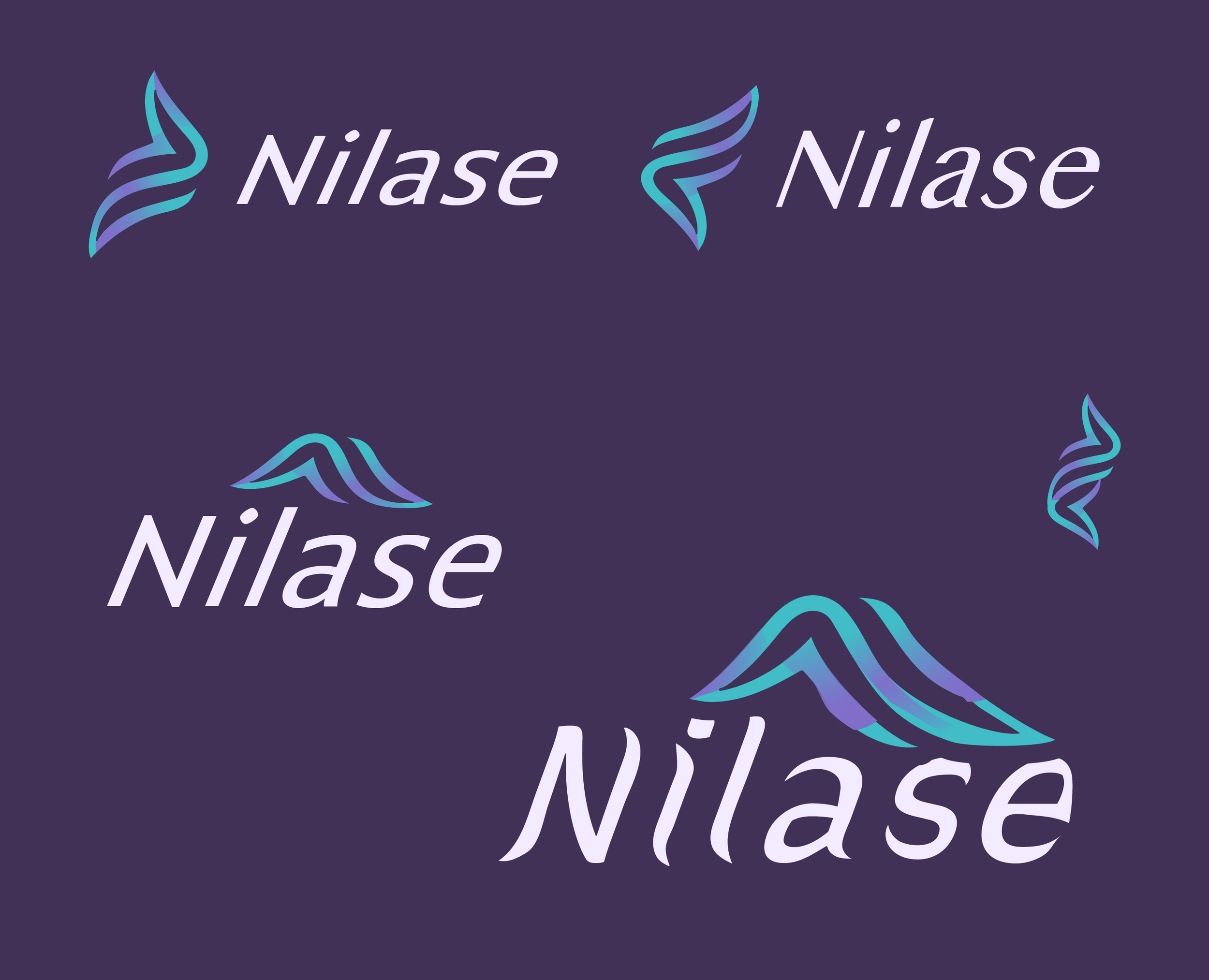 Multiple instances of the Nilase logo featuring a stylized blue and purple winged graphic with the word 'Nilase' on a dark purple background.
