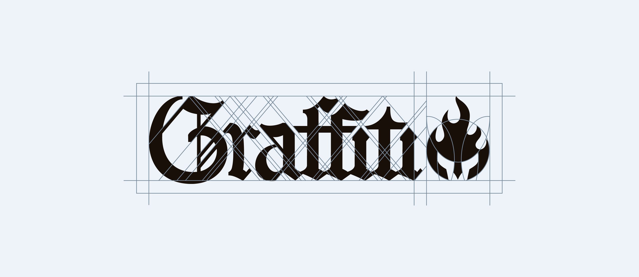 Graphic design of the word 'Traitor' in black Gothic-style font with a flame icon at the end, overlaid with construction grid lines and guides.