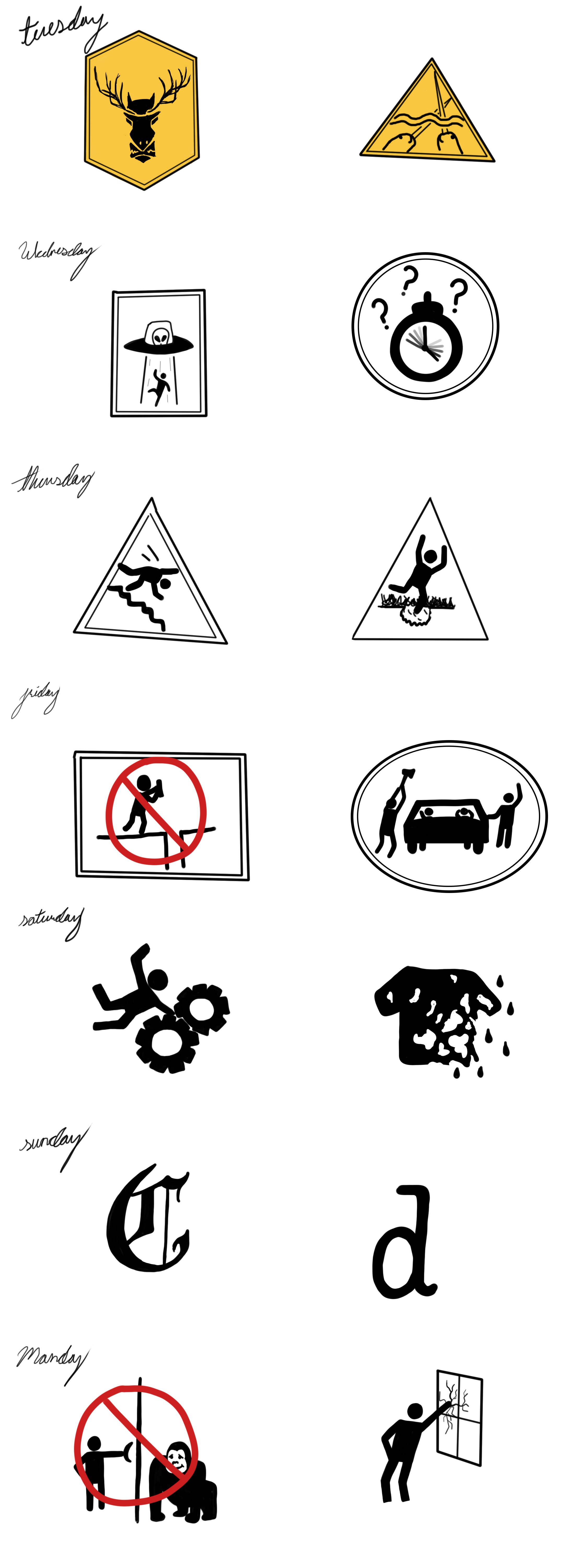 A series of illustrated symbols and drawings representing days of the week with corresponding images, including a deer illustration for Tuesday, a pyramid for Wednesday, a UFO for Thursday, a swimming figure for Friday, gears and a melting figure for Saturday, the letter 'C' and letter 'd' for Sunday, and a no-smoking sign with a person with a leash and a person looking out a broken window for Monday.