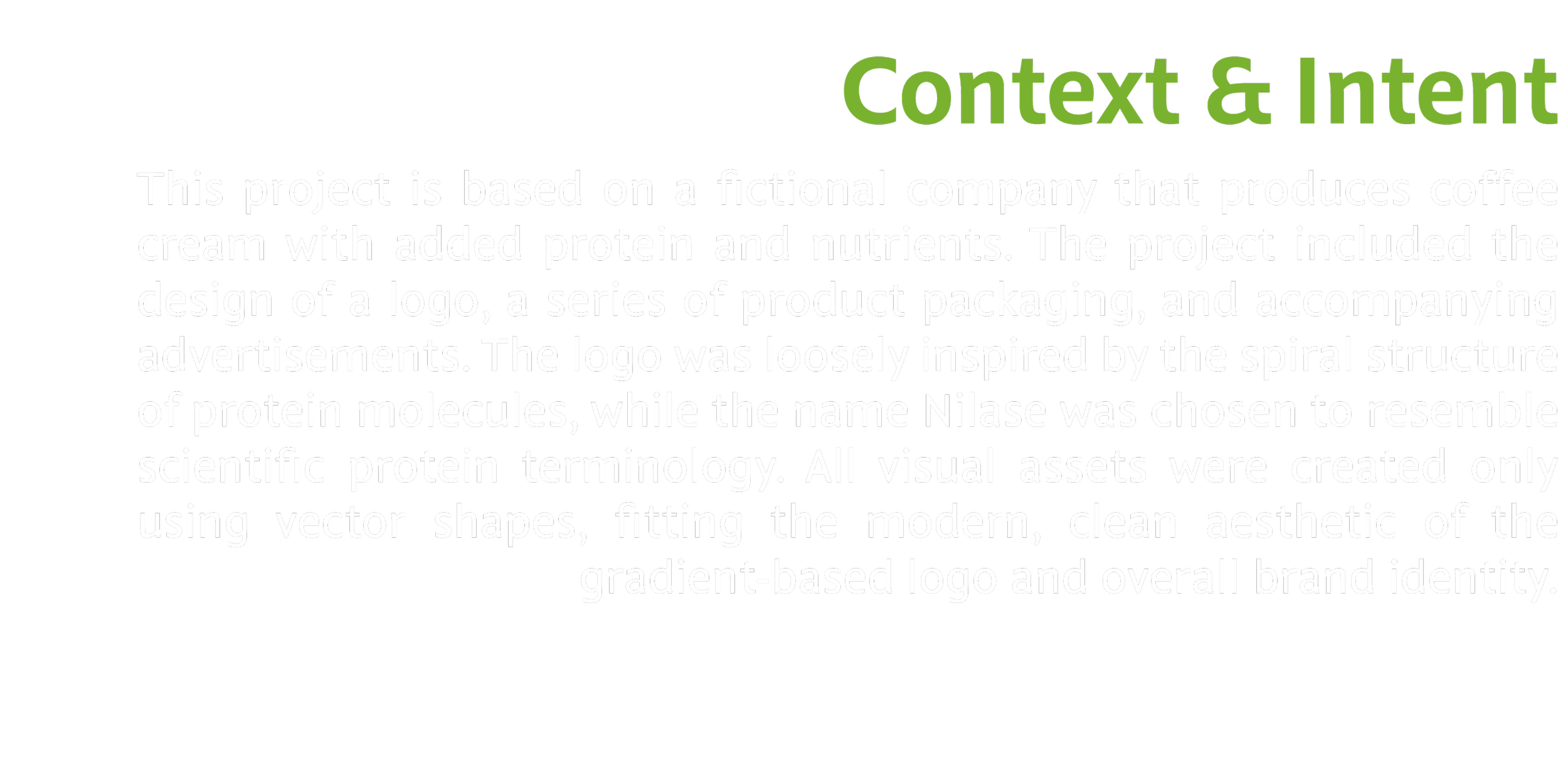PowerPoint slide titled 'Context & Intent' with a black background and green and white text explaining a fictional coffee cream product company's branding process.