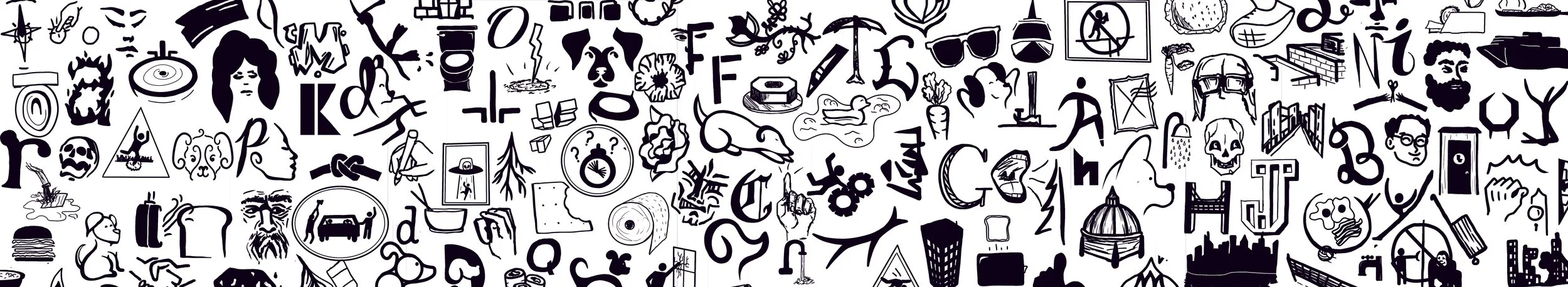 A collage of various black and white icons and illustrations, including faces, animals, objects, and symbols, arranged in a dense pattern.
