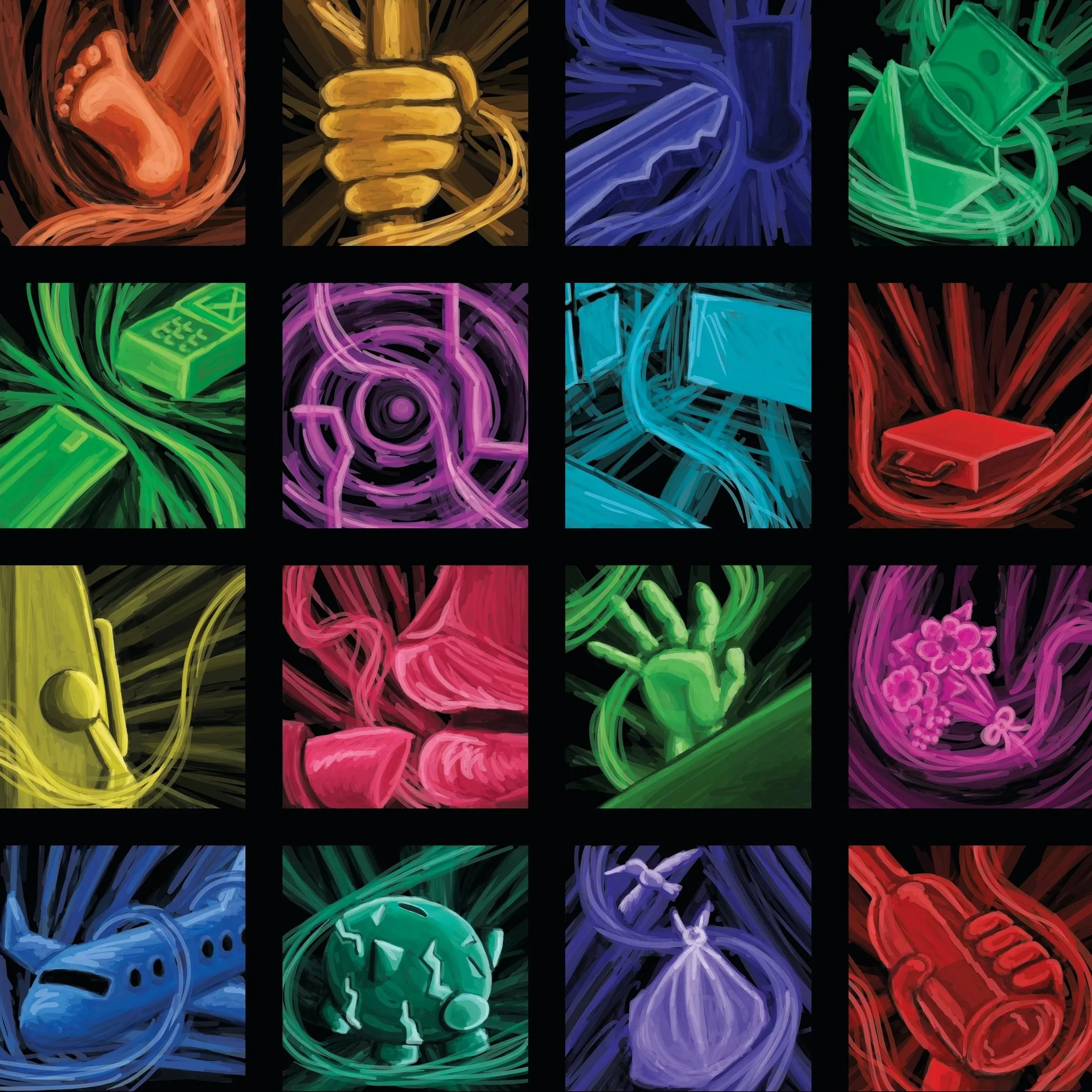 Colorful digital illustrations representing various illegal drugs including heroin, methamphetamine, cocaine, marijuana, ecstasy, LSD, pills, and drug paraphernalia.