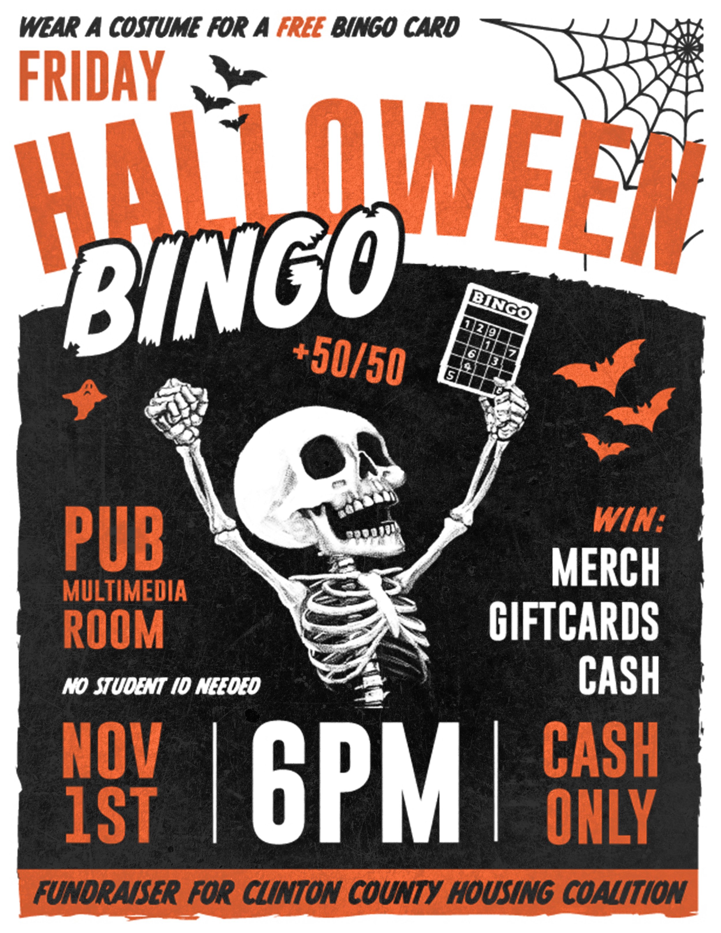 Halloween-themed flyer advertising a bingo event with a skeleton graphic, bats, and spider web; includes event details like date, time, location, and prizes.